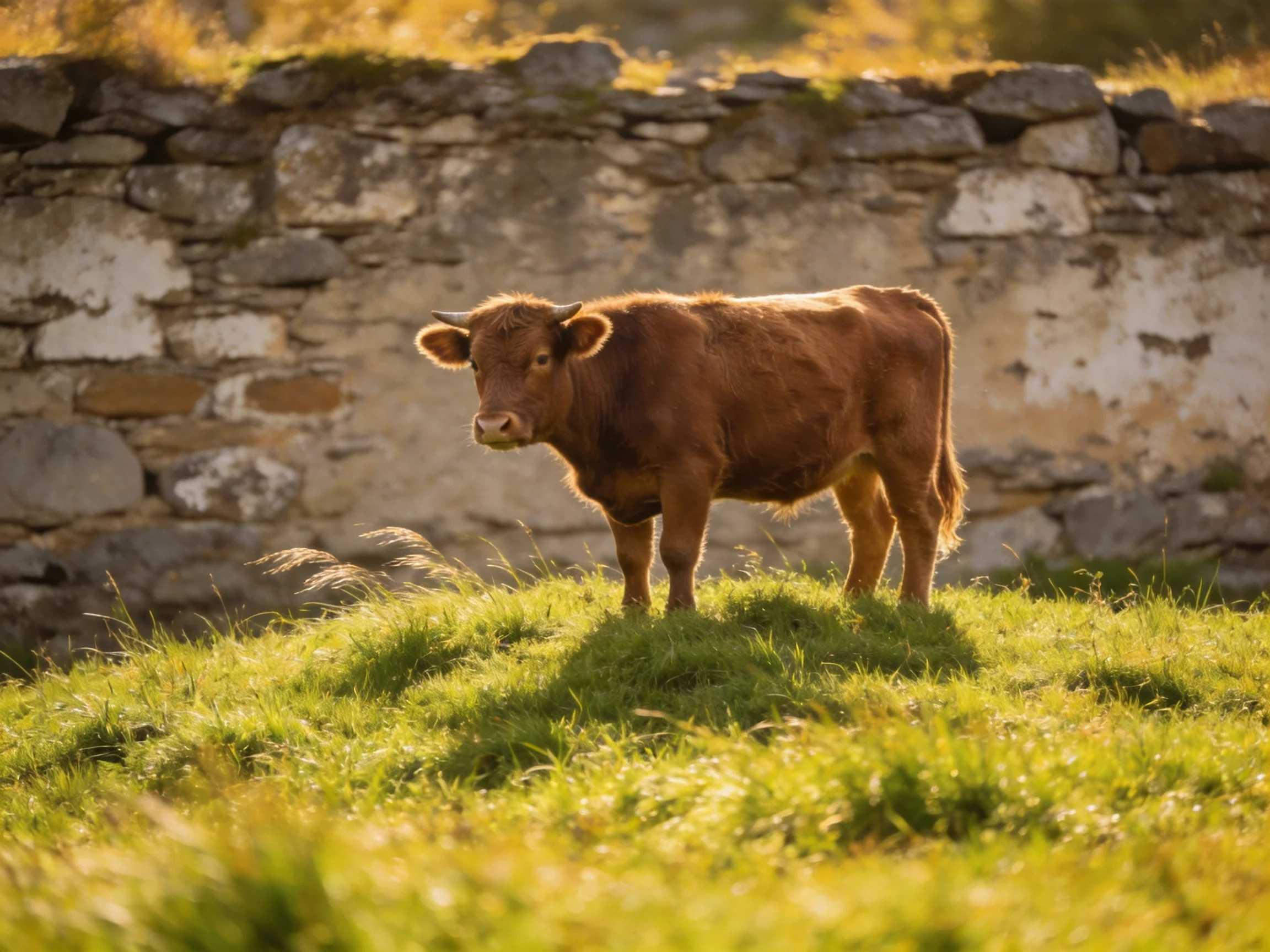 A brown cow stands on lush green grass near old stone walls