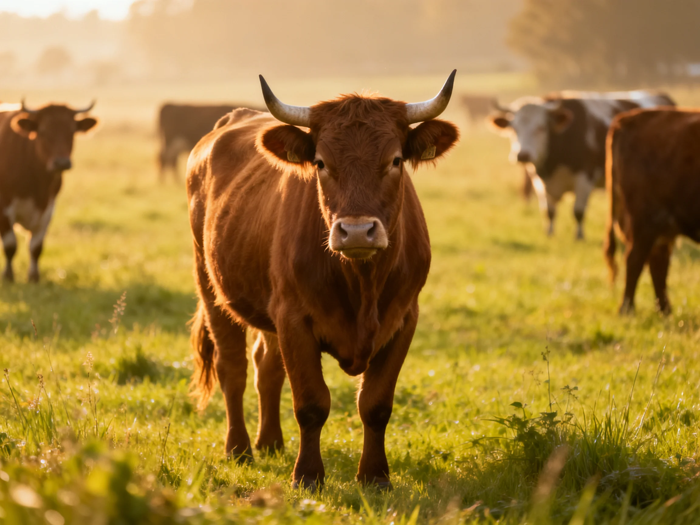 A brown cow stands prominently among several cows in a sunlit green pasture