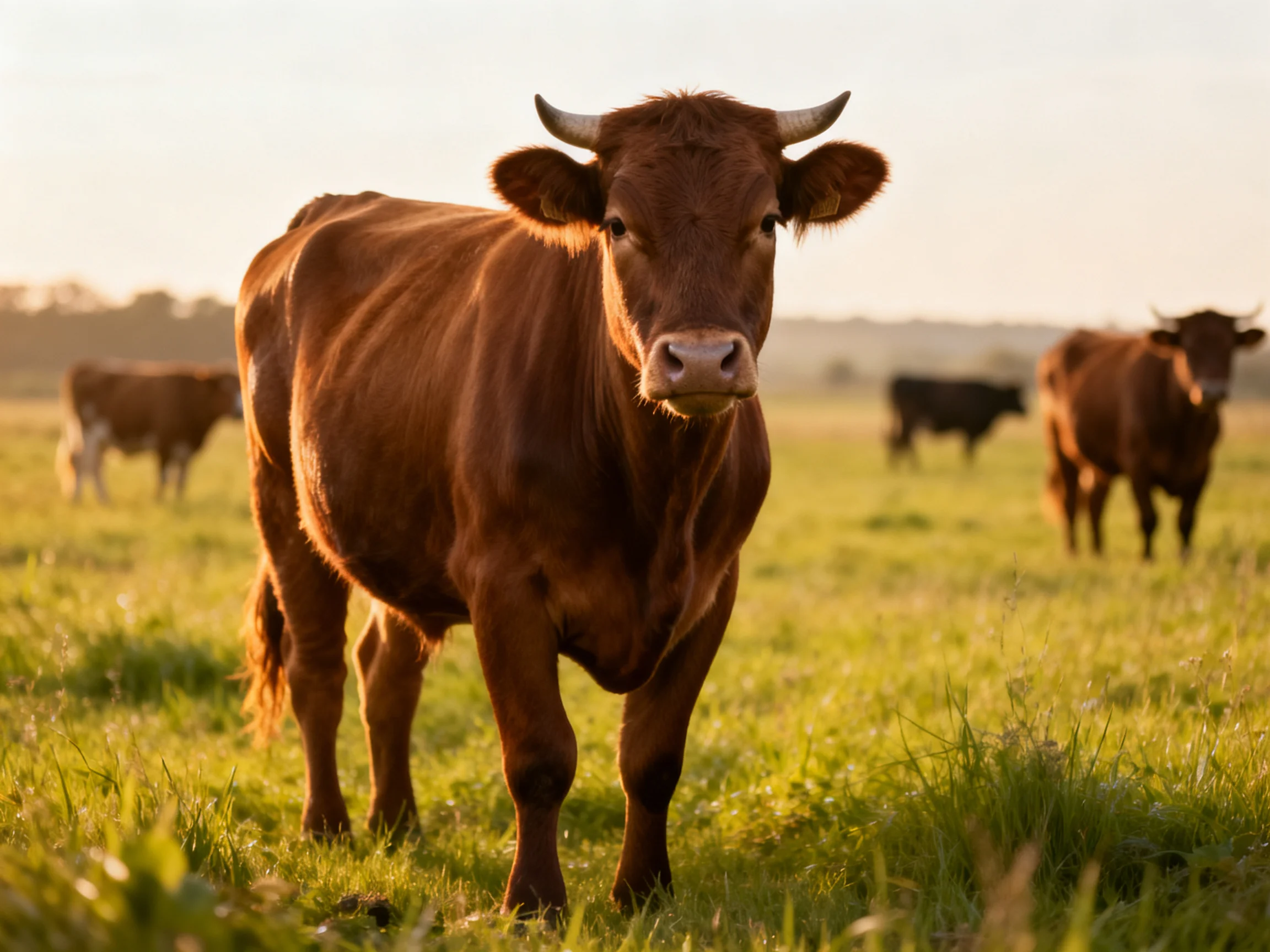 A brown cow stands in focus in a sunlit pasture with other cattle nearby.