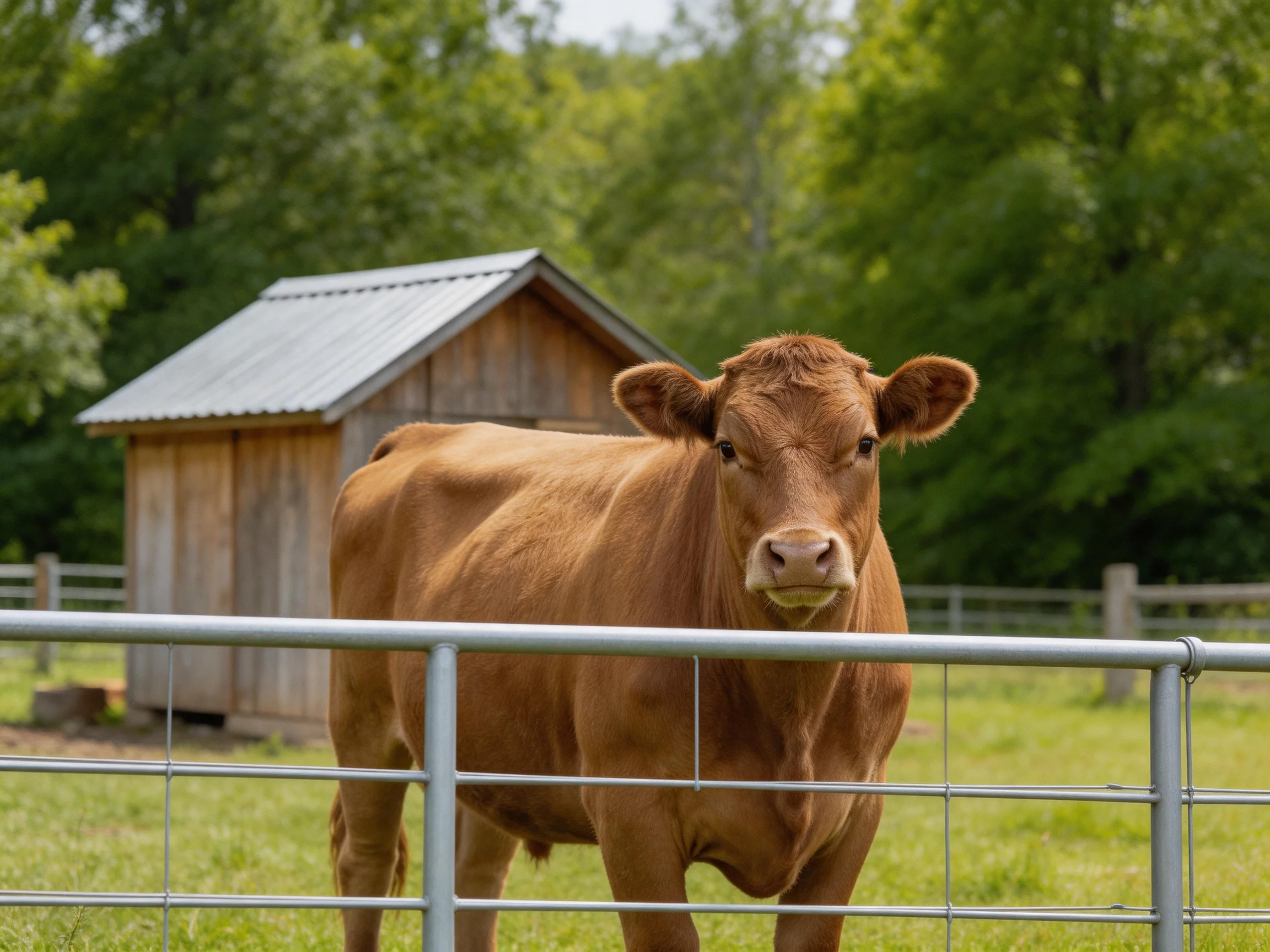 A brown cow stands near a wooden shed behind a metal fence.