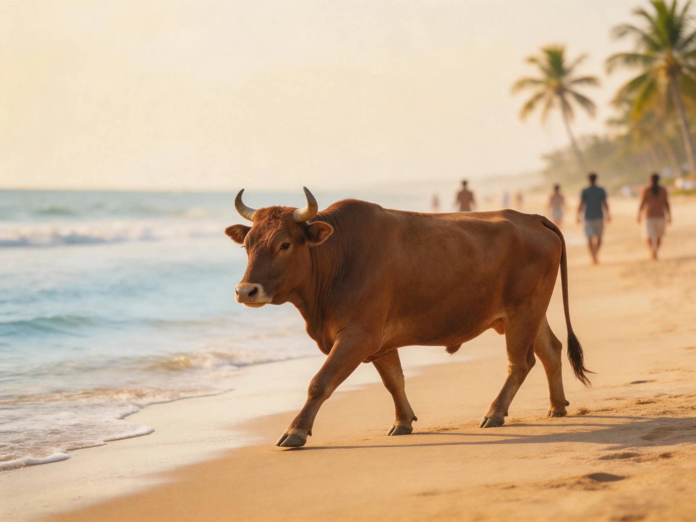 A brown cow strolls on a sandy beach with palm trees in the distance