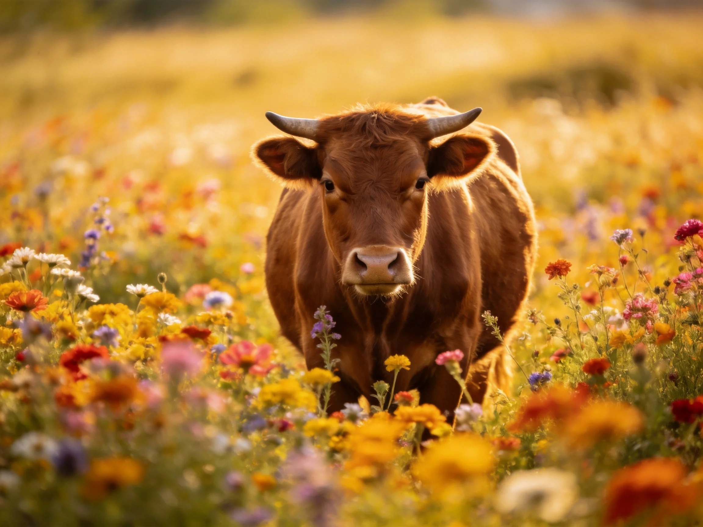 A brown cow surrounded by colorful wildflowers in a sun-drenched field