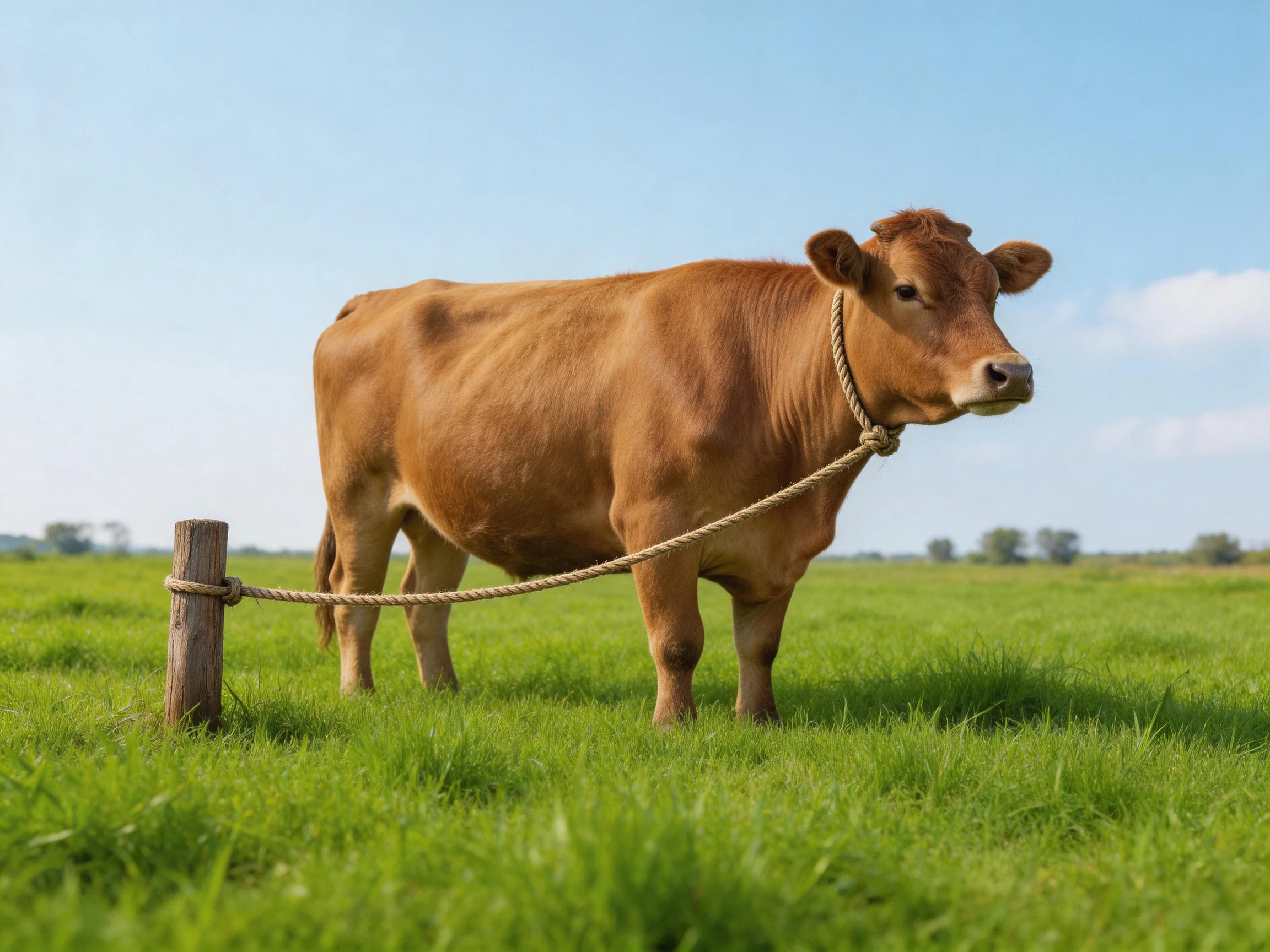 A brown cow tethered by rope in a lush green pasture