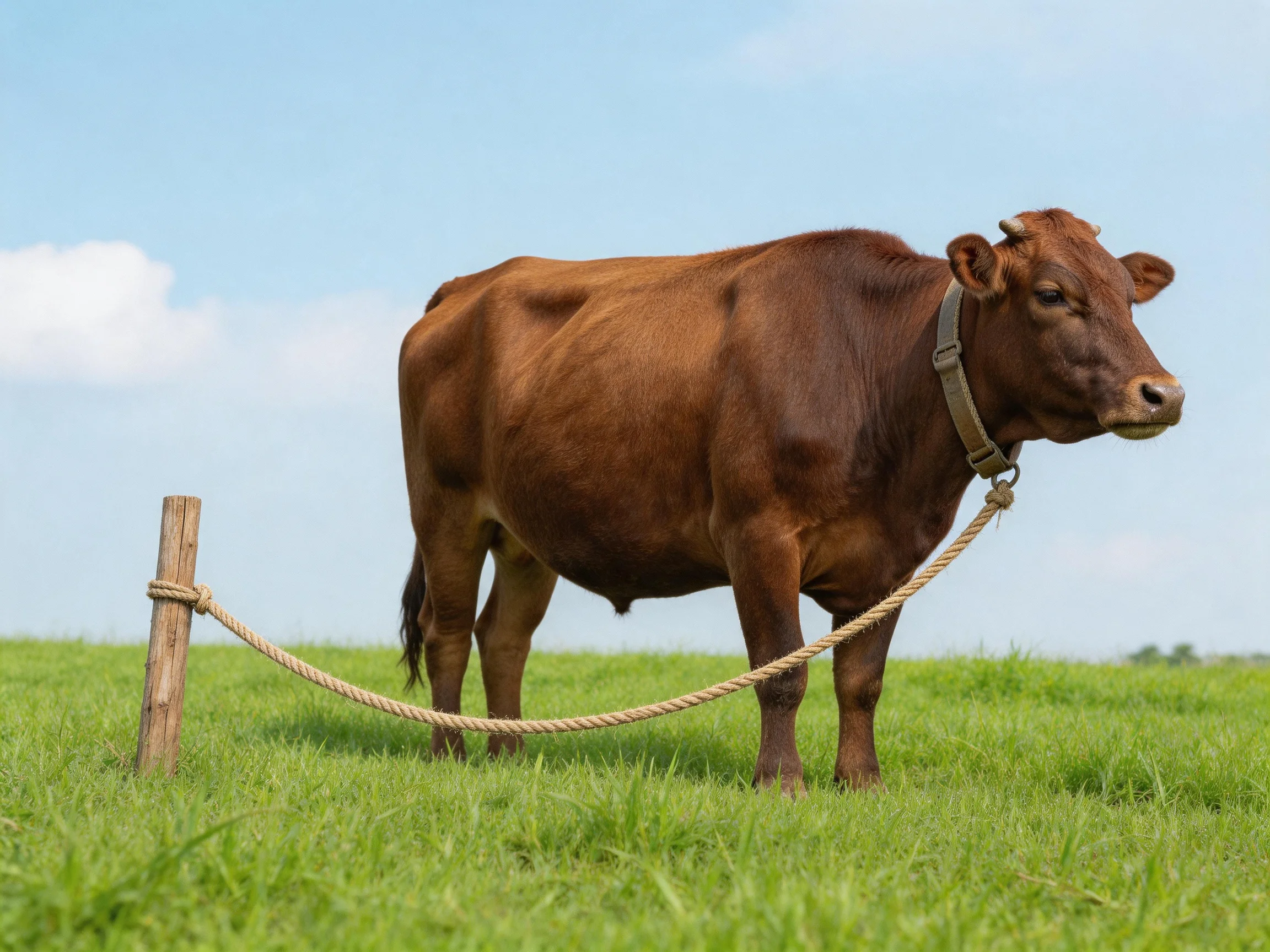 A brown cow tied by rope in a lush green field