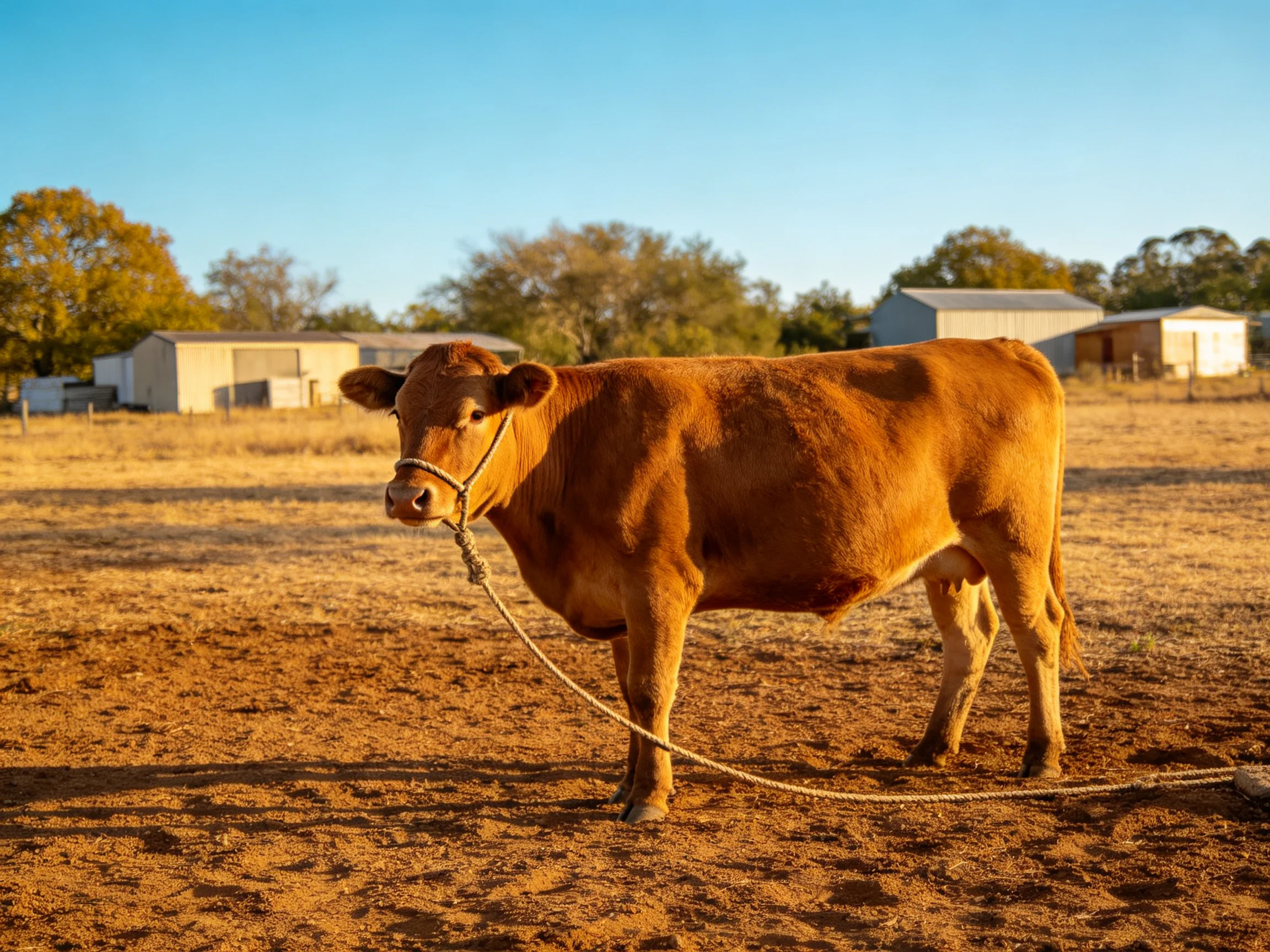 A brown cow tied with rope in a sunlit farm field