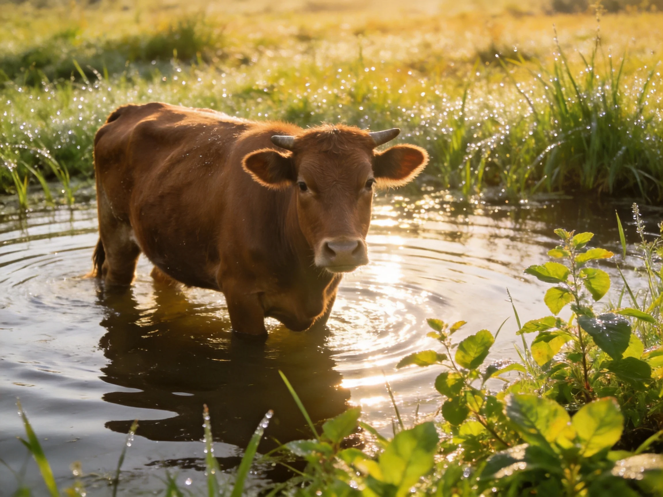 A brown cow wades through shallow water near lush greenery