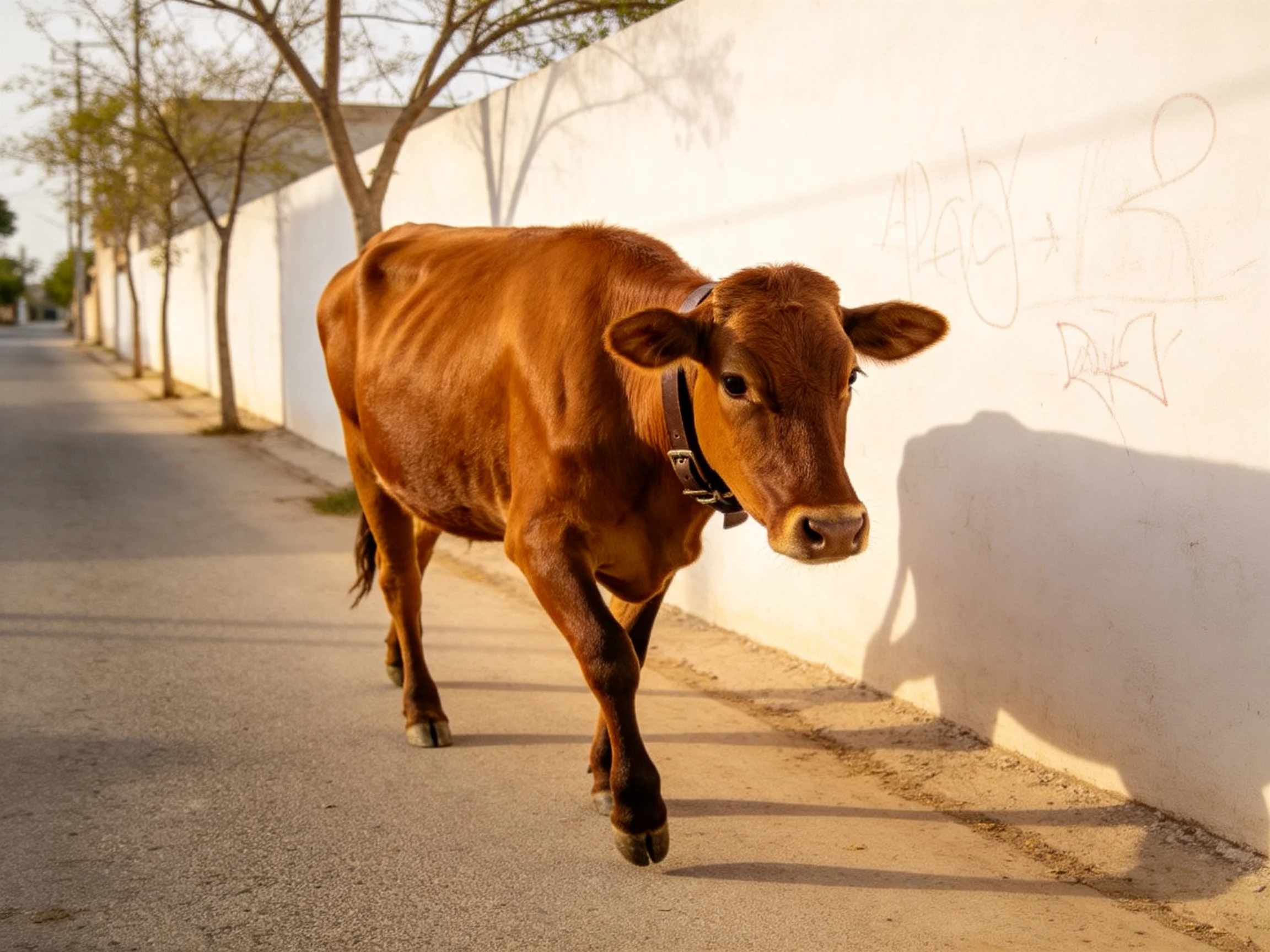 A brown cow walks beside a white wall on a sunlit street