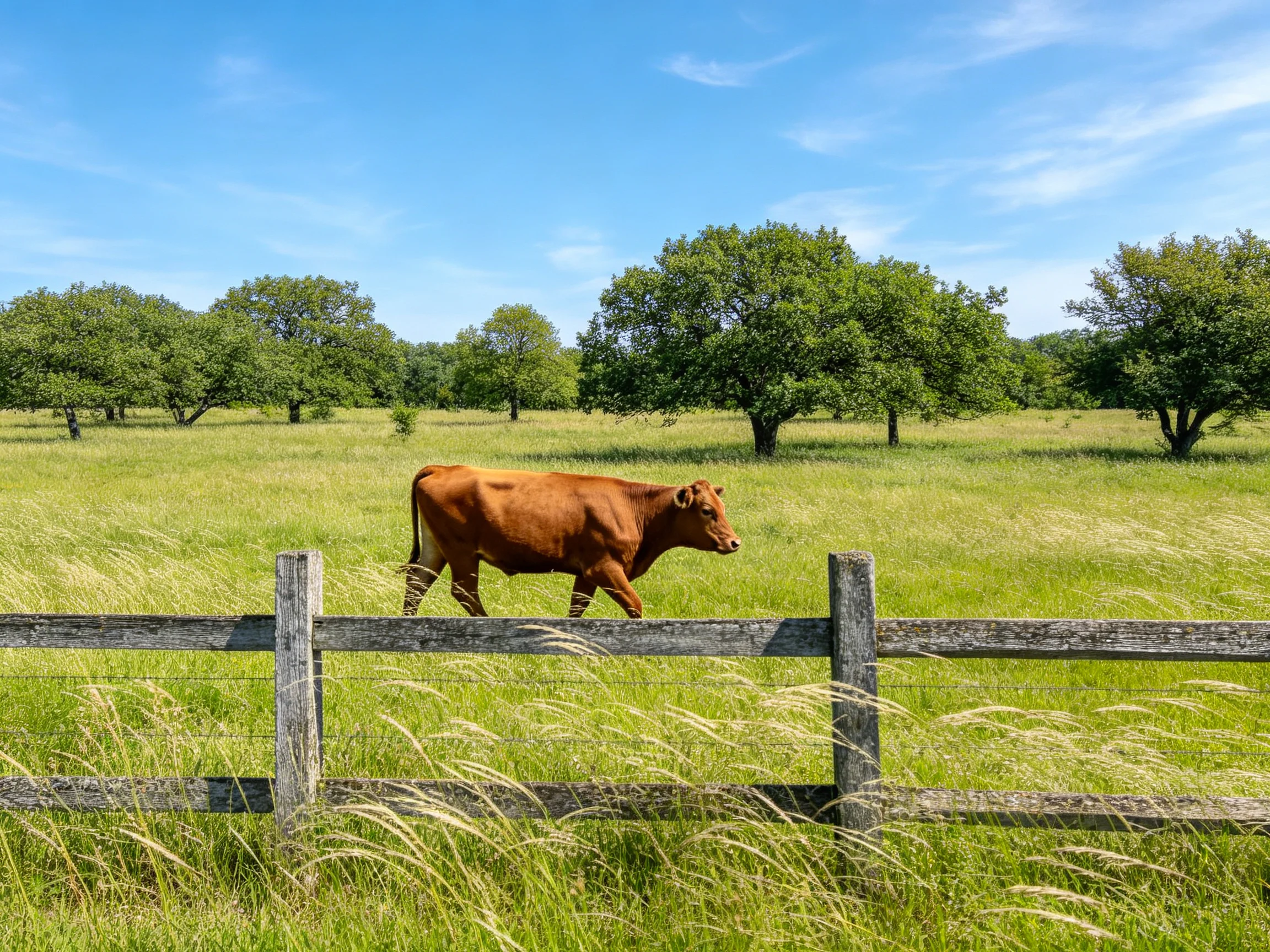 A brown cow walks near a wooden fence in a lush green pasture