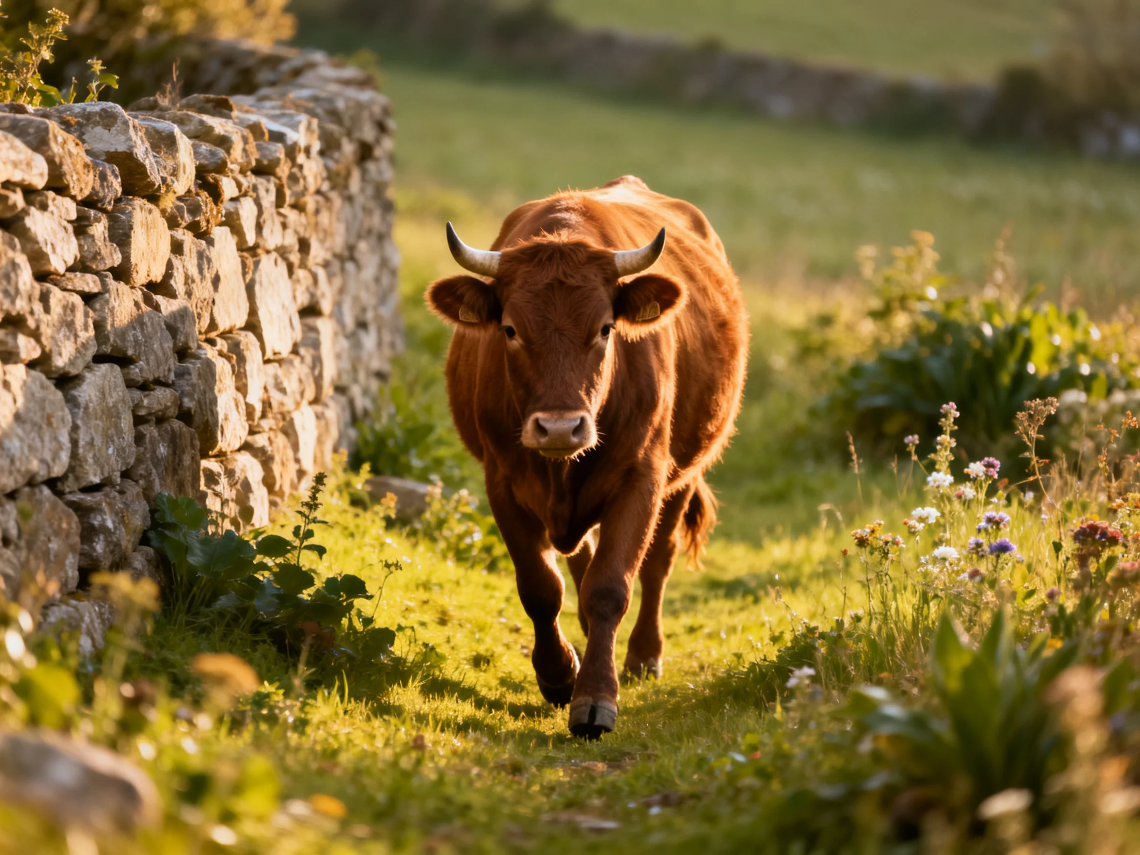 A brown cow walks past a stone wall in a sunlit meadow