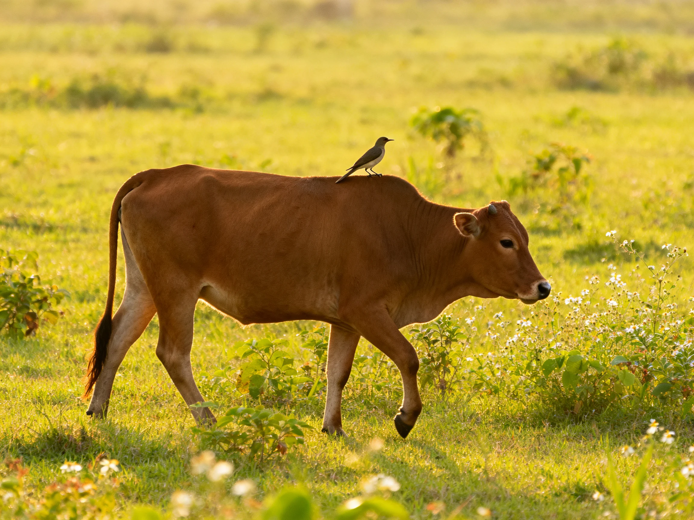 A brown cow roams a sunlit green meadow with a small bird on its back