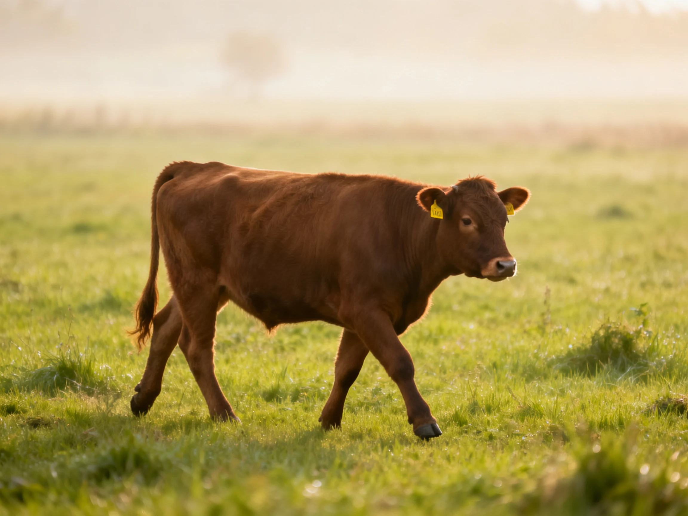 A brown cow walks through a sunlit green pasture