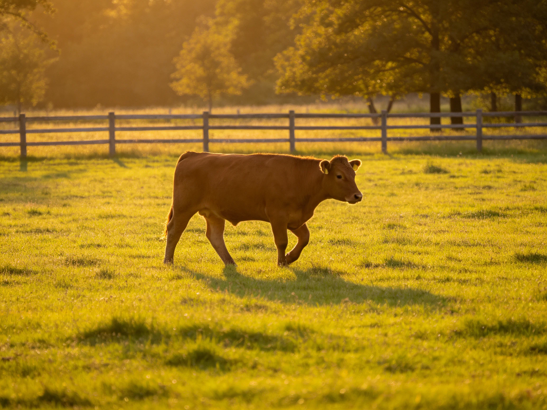 A brown cow walks through a sunlit green pasture near a wooden fence
