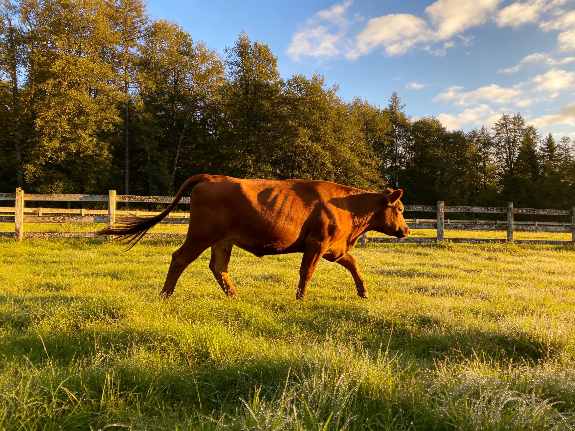 A brown cow walks through a sunlit green pasture near wooden fences