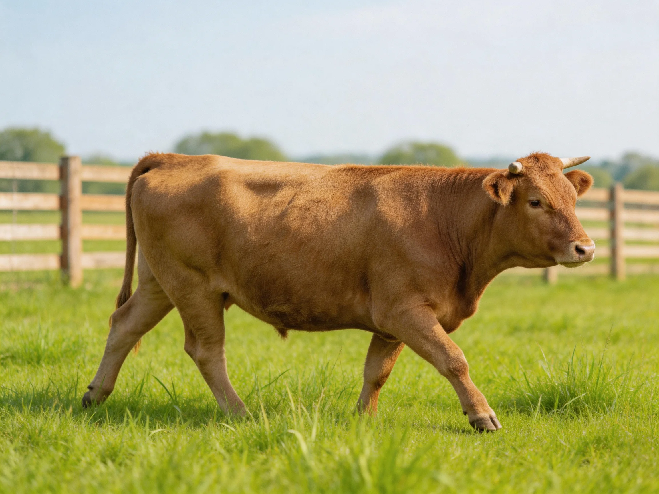 A brown cow walks through lush green pasture near wooden fences