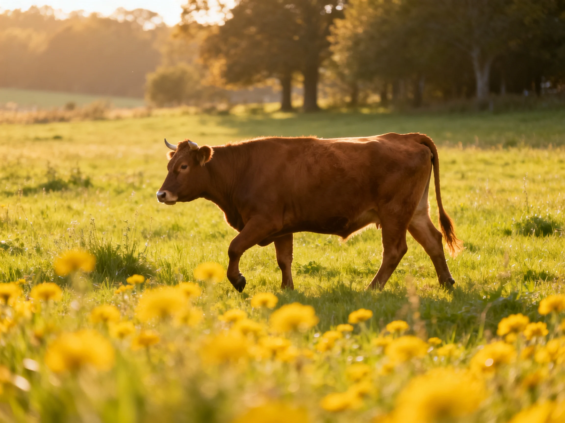 A brown cow wanders a sunlit meadow with yellow wildflowers