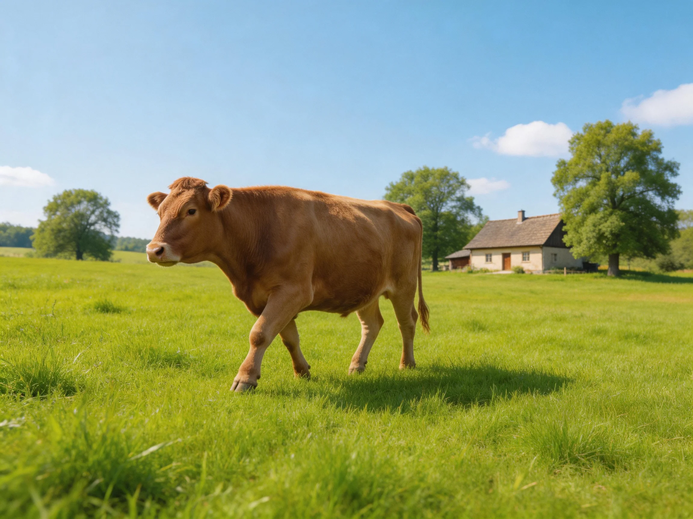 A brown cow wanders a verdant pasture near a stone farmhouse
