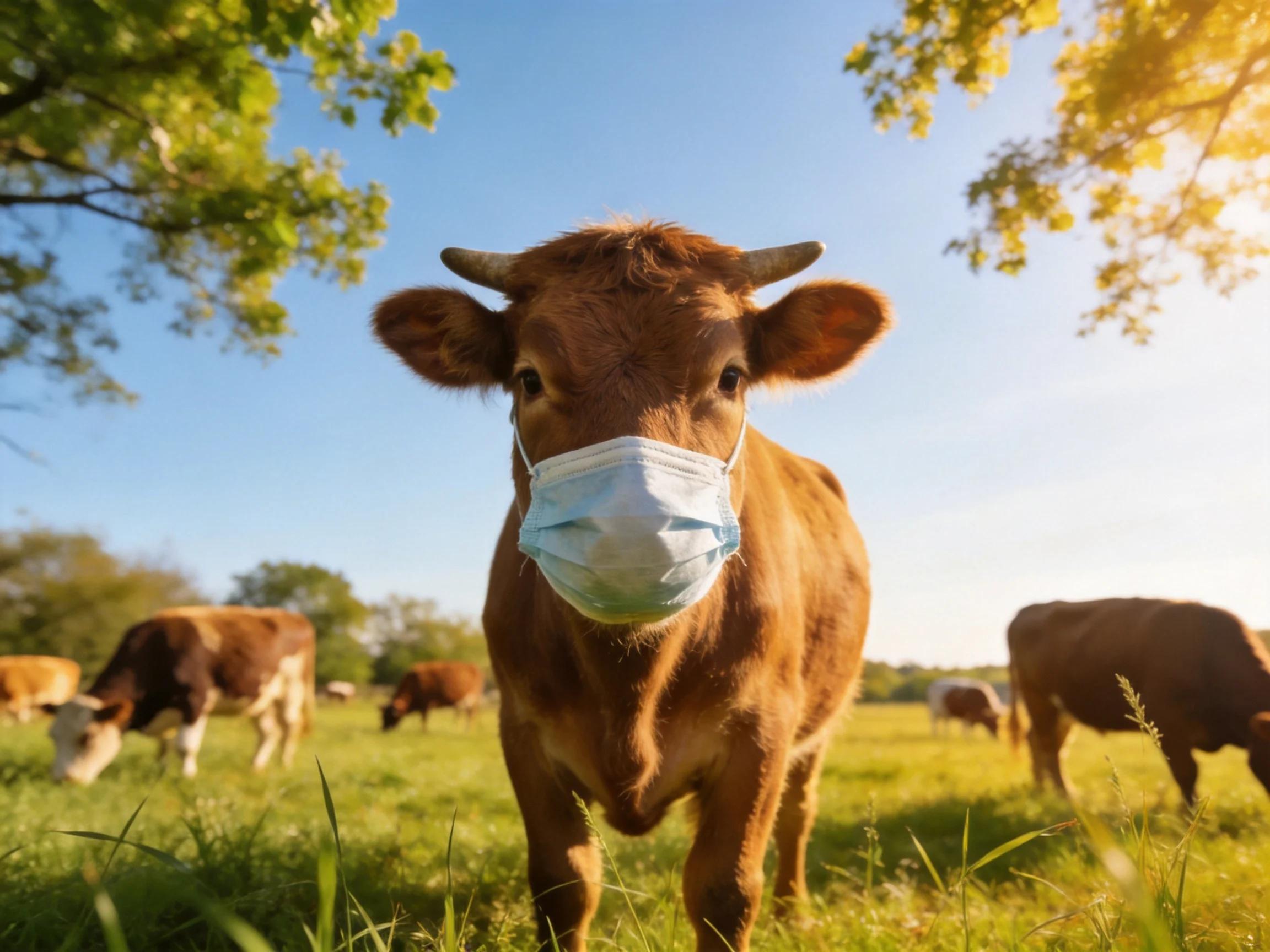A brown cow wearing a blue medical mask in a sunny green pasture