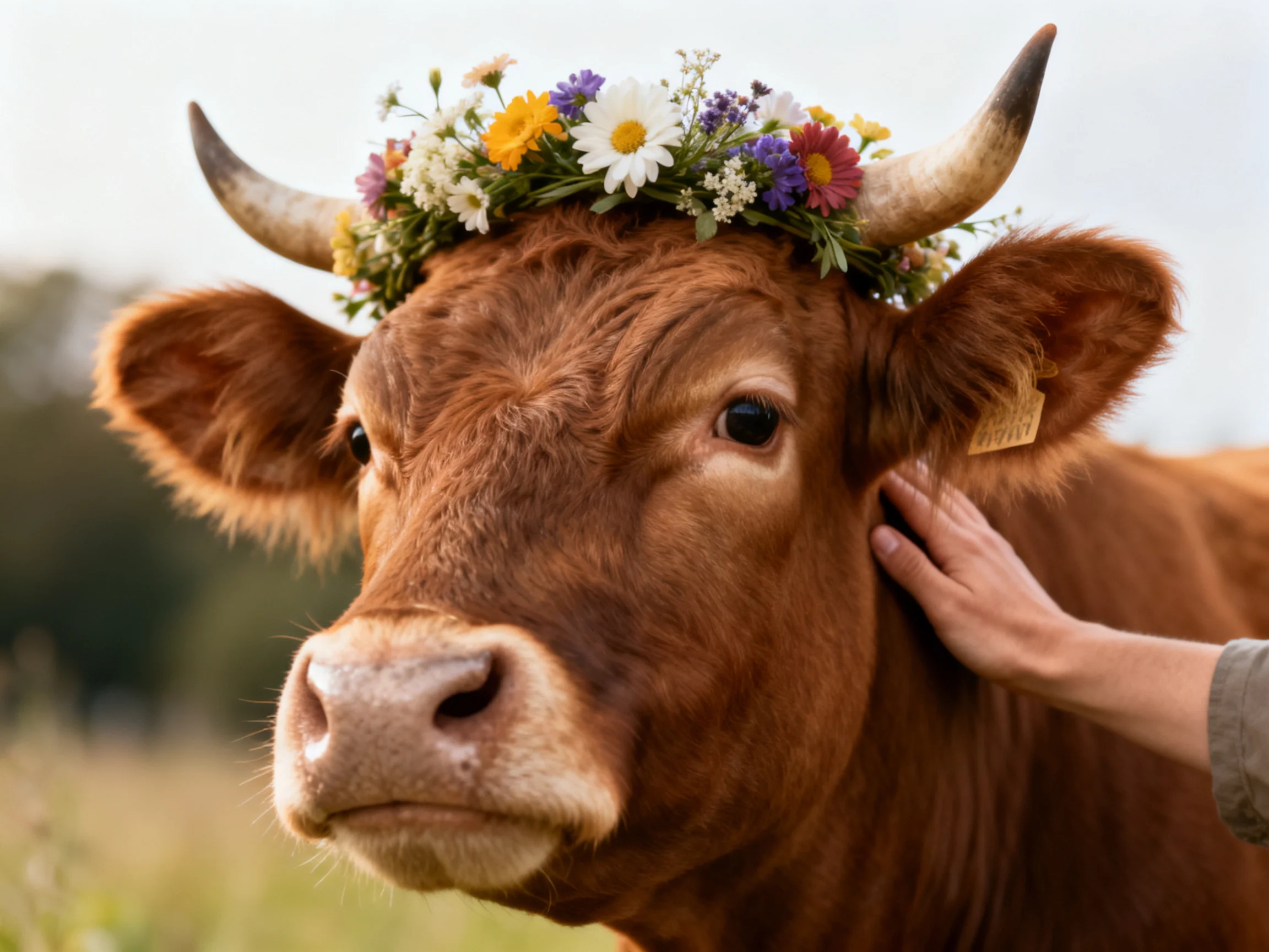 A brown cow wearing a colorful flower crown in a field