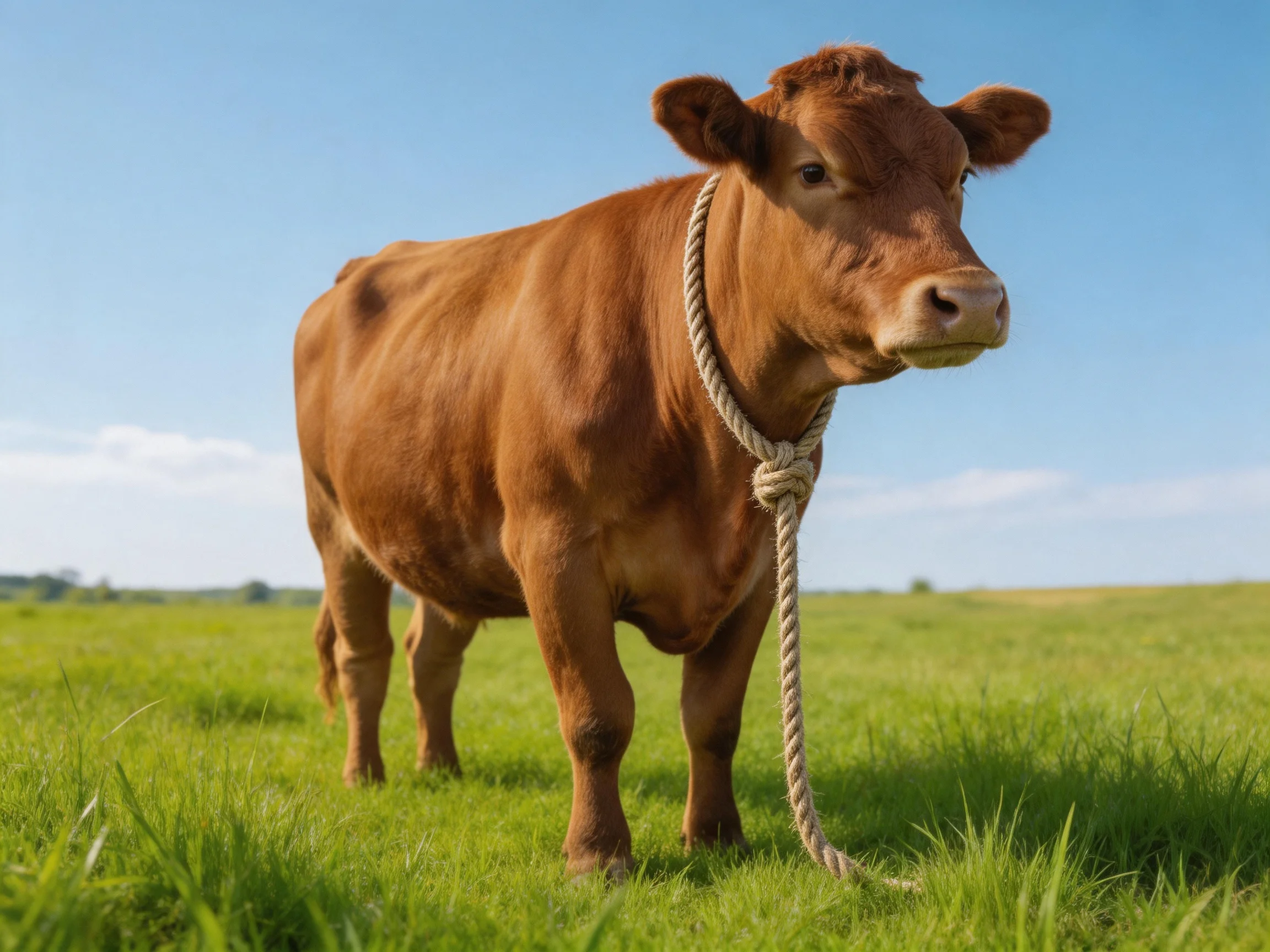 A brown cow wearing a rope halter stands in a lush green pasture