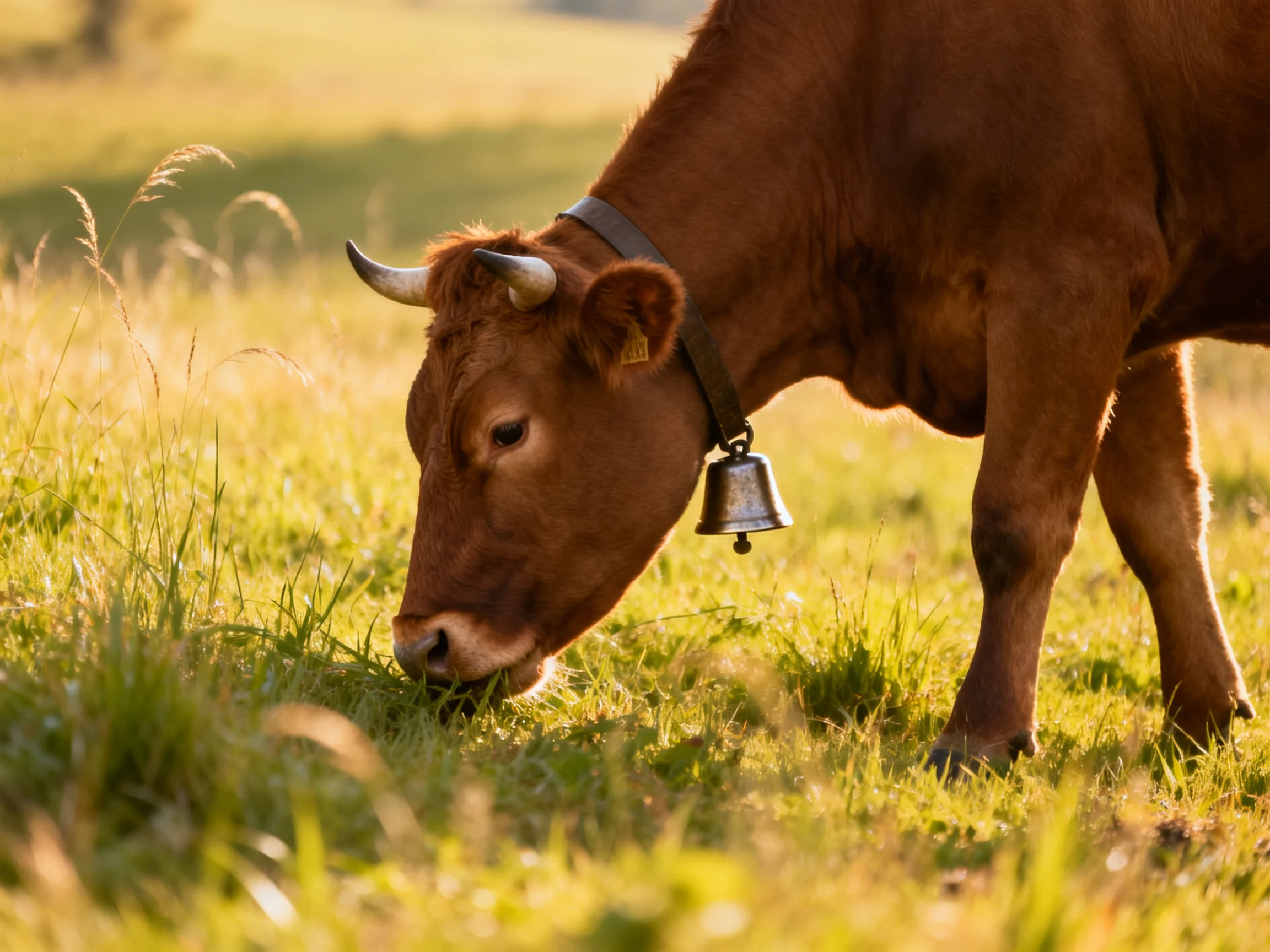 A brown cow with a bell grazes in a sunlit green meadow