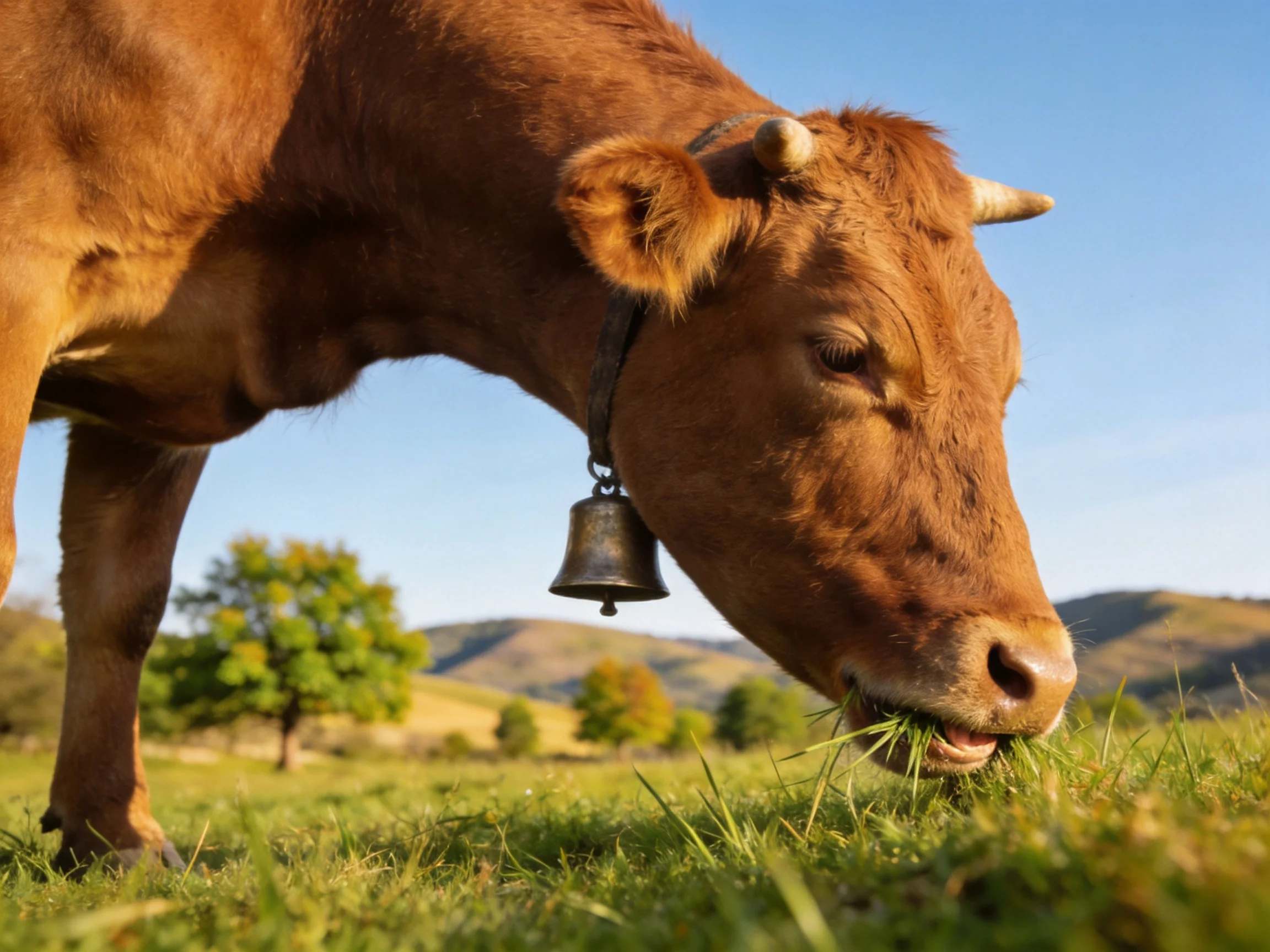 A brown cow with a bell grazes in a sunny green pasture