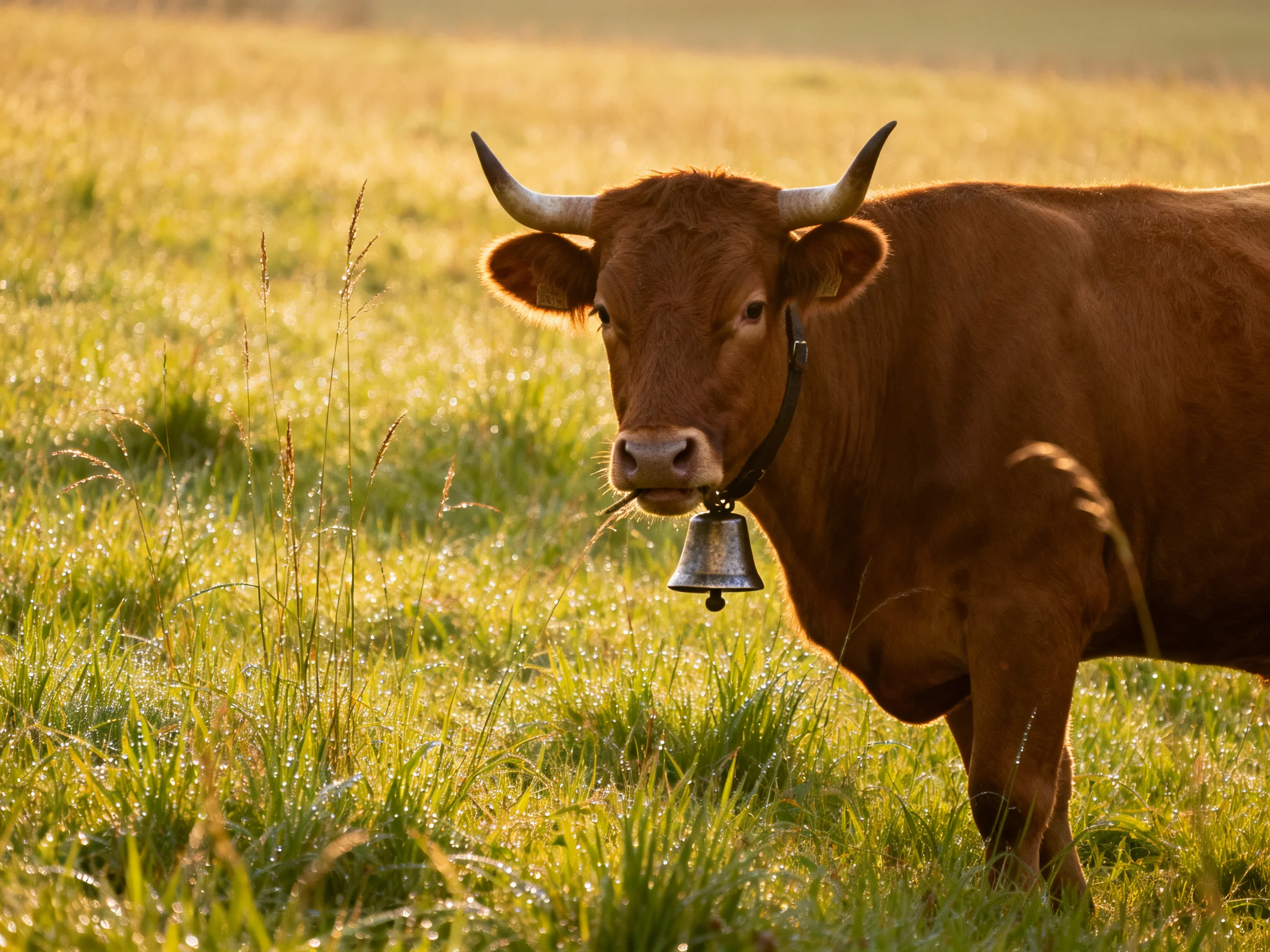 A brown cow with a bell in a dewy grassy meadow