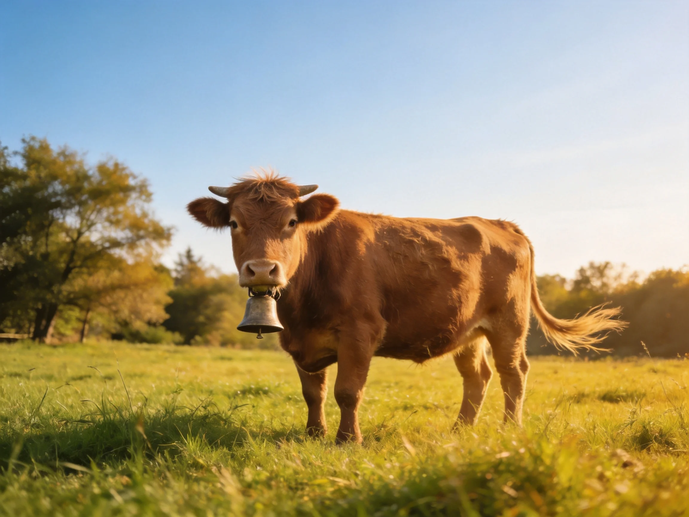 A brown cow with a bell in a sun-drenched green pasture
