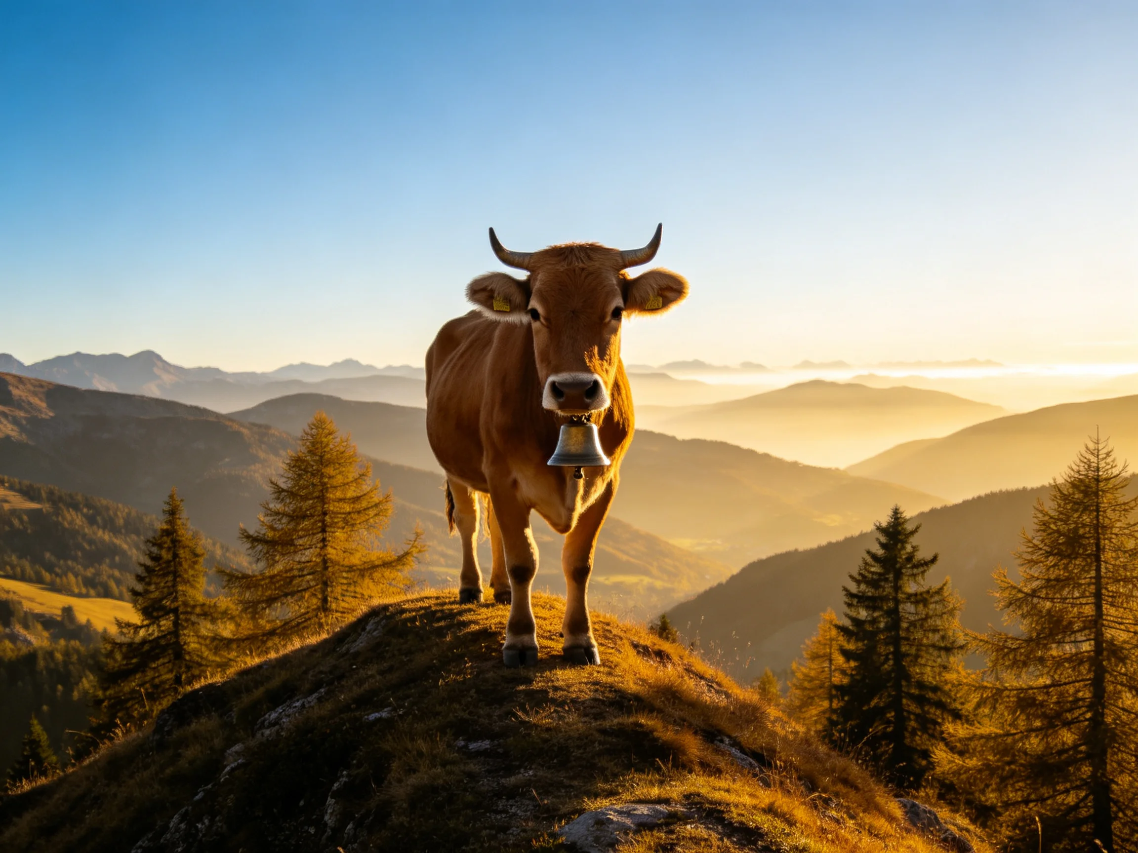 A brown cow with a bell stands atop a golden hillside among misty mountains