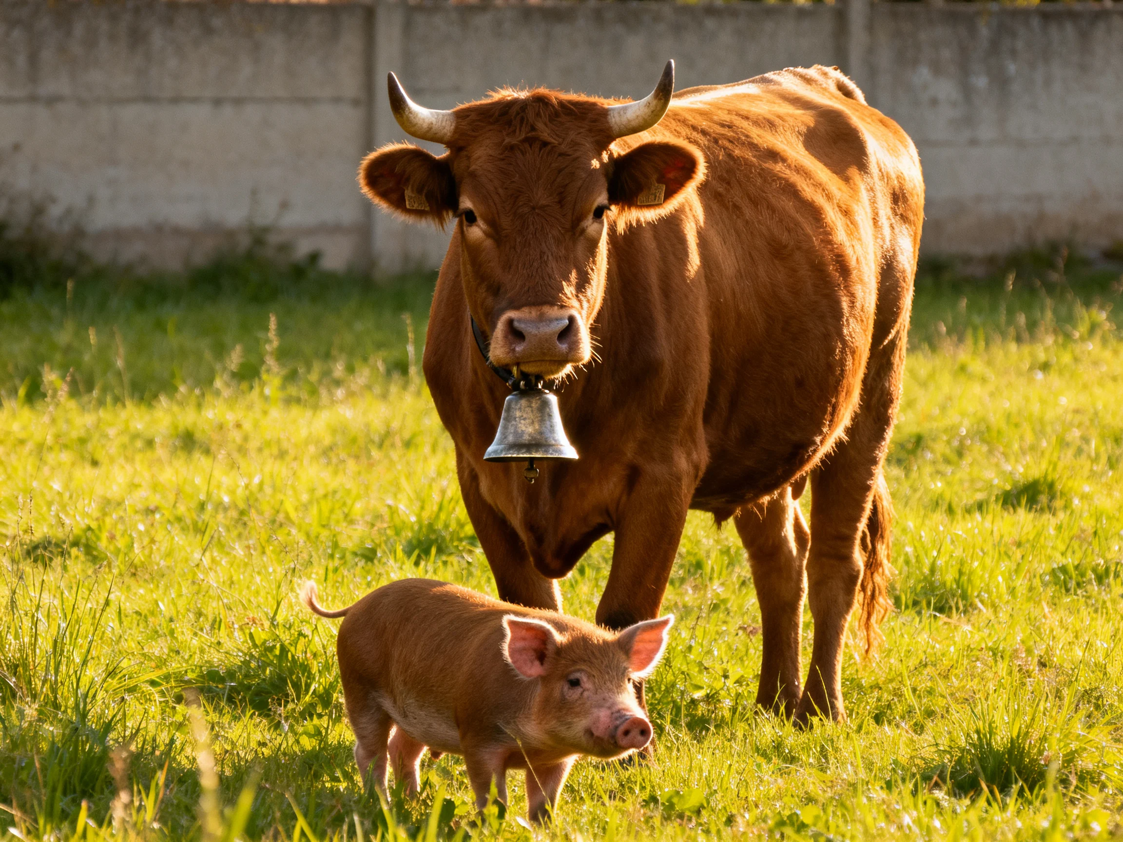 A brown cow with a bell stands near a young pig in a sunlit grassy field.