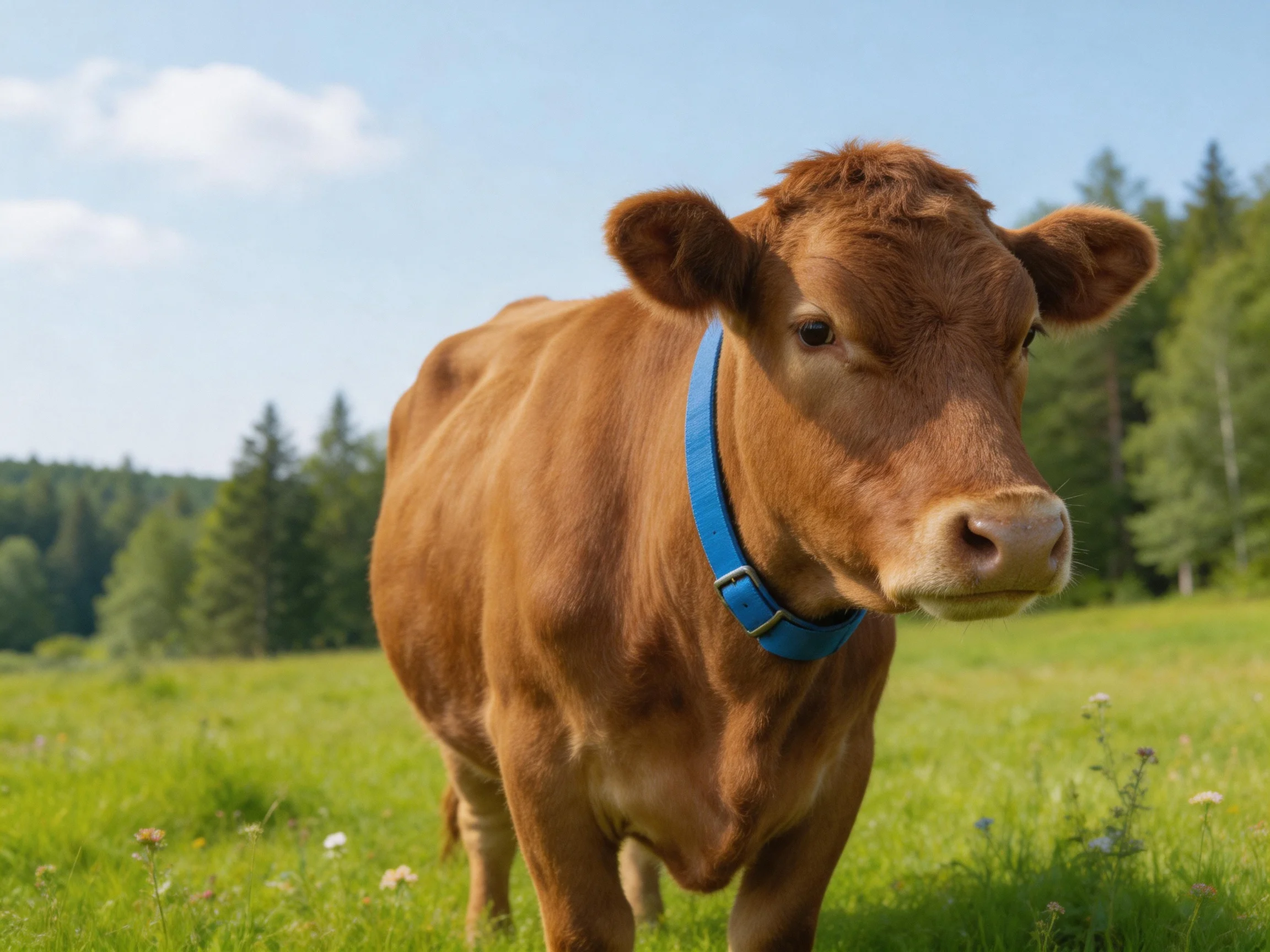 A brown cow with a blue collar in a sun-drenched green meadow