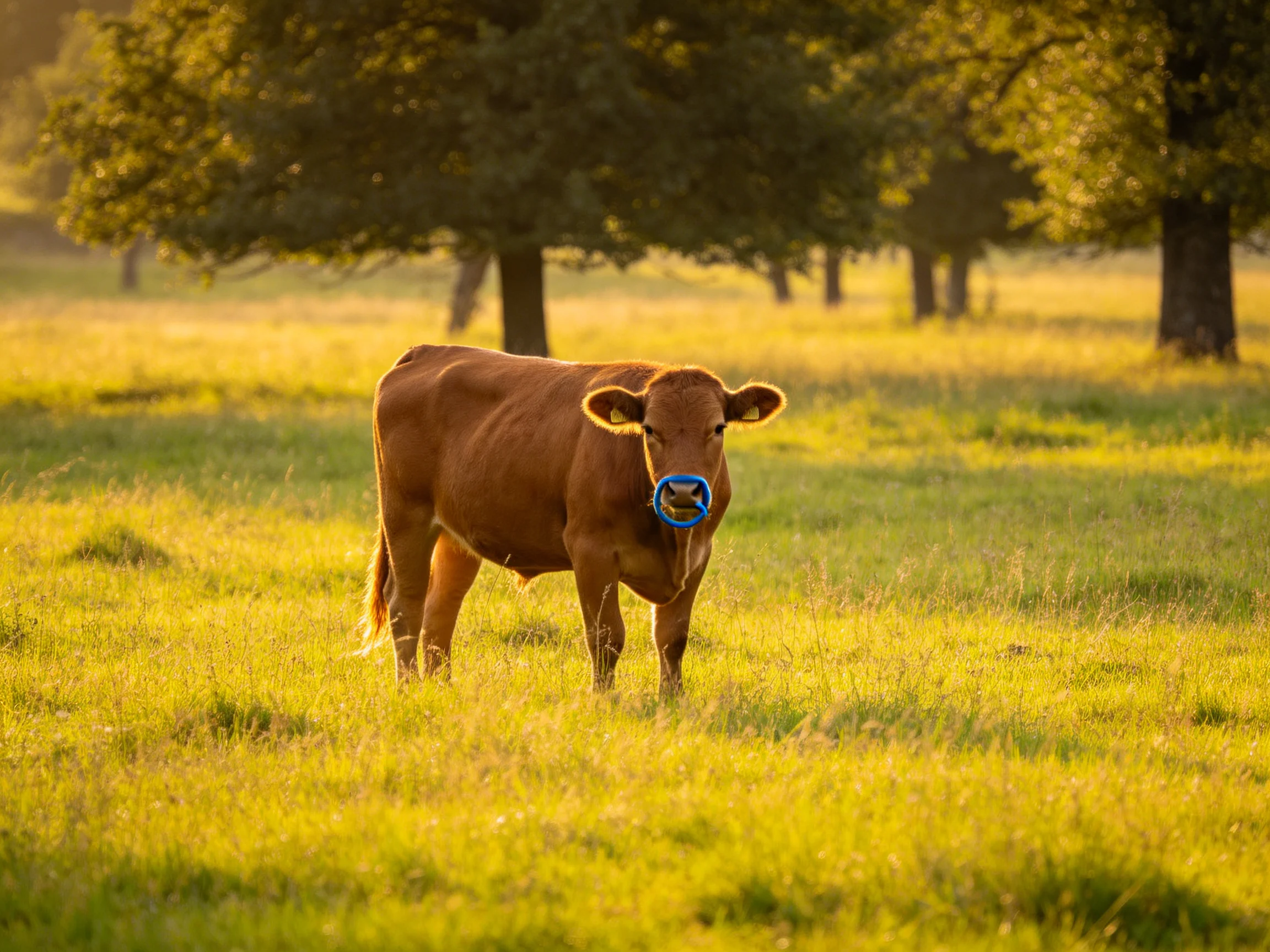A brown cow with a blue nose ring in a sunlit green pasture