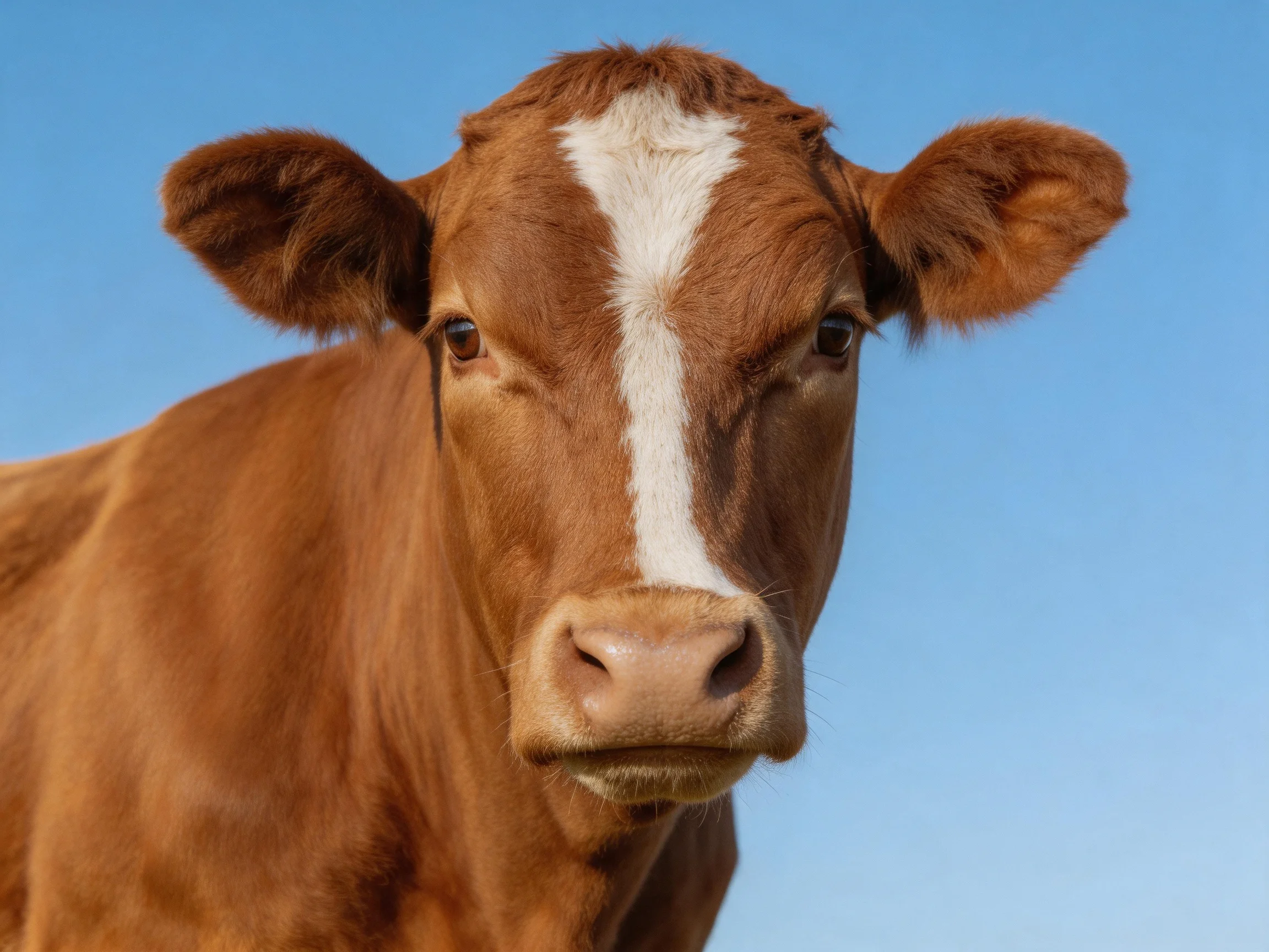 A brown cow with a bold white facial stripe against a clear blue sky