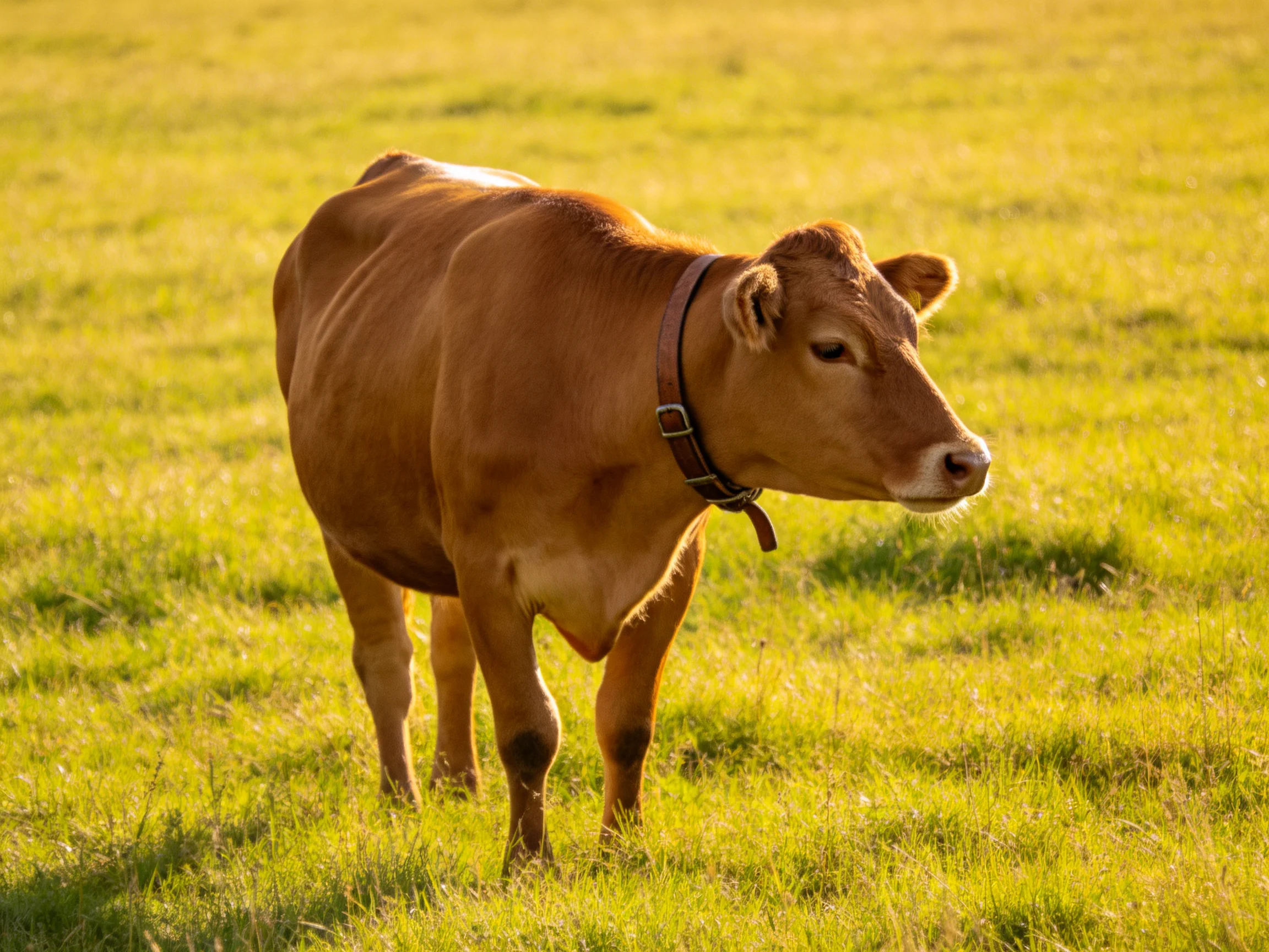 A brown cow with a collar in a sunlit green pasture