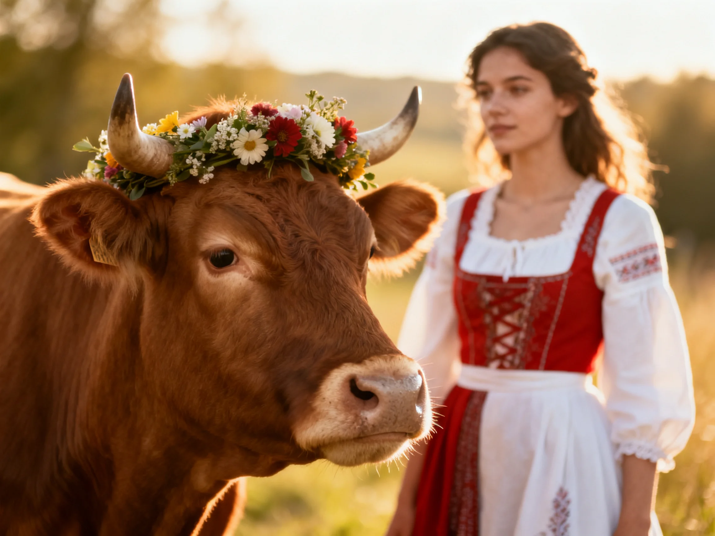 A brown cow with a floral horn crown beside a woman in traditional attire