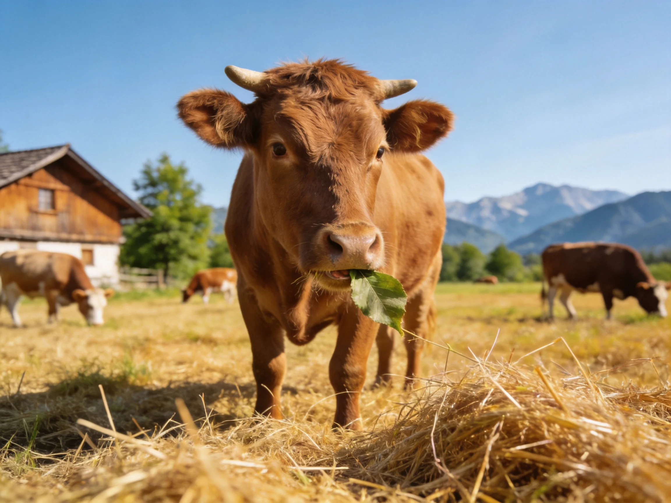 A brown cow with a leaf in its mouth near a wooden barn