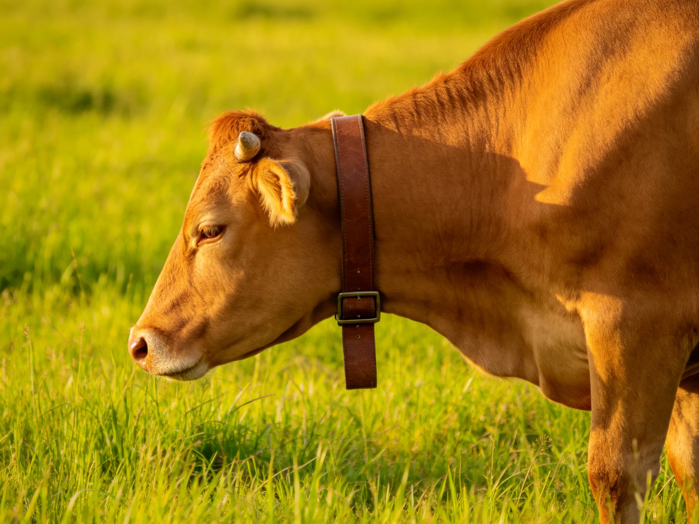 A brown cow with a leather collar grazing in a lush green meadow