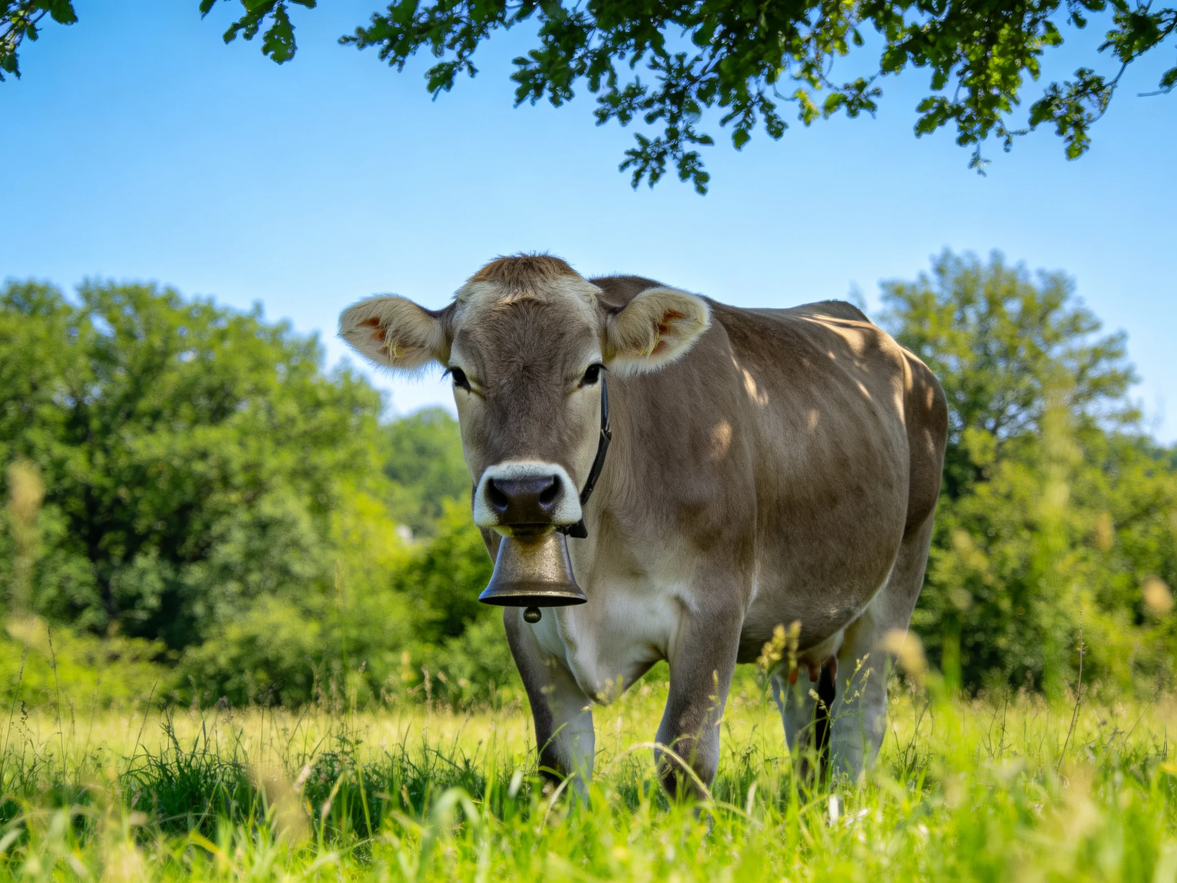 A brown cow with a metal bell in a sun-drenched green pasture