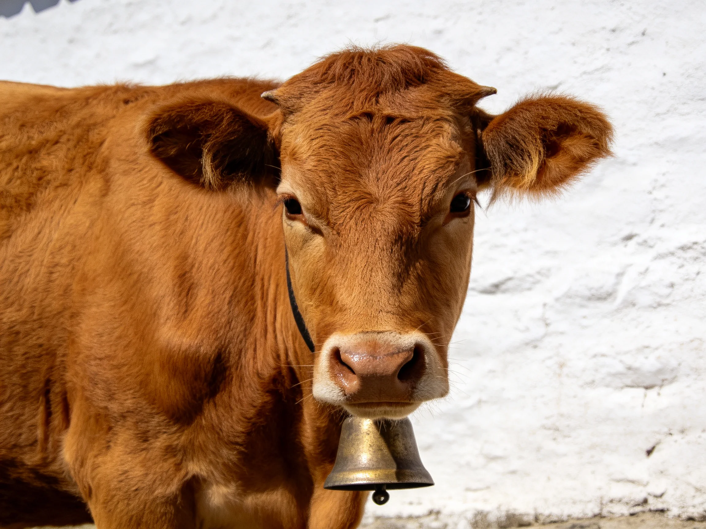 A brown cow with a metal bell near a white stone wall