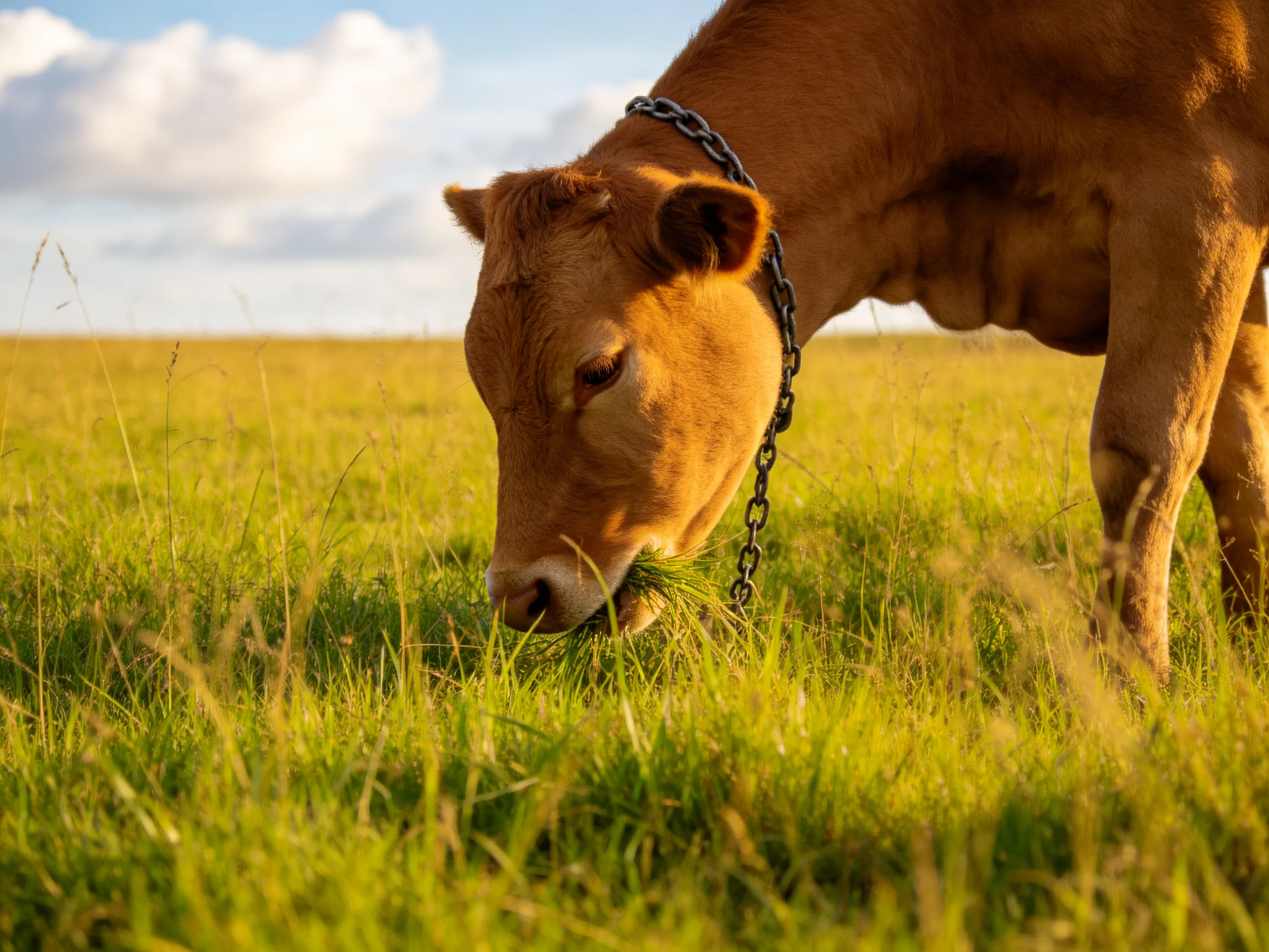 A brown cow with a metal chain grazes in a lush green meadow