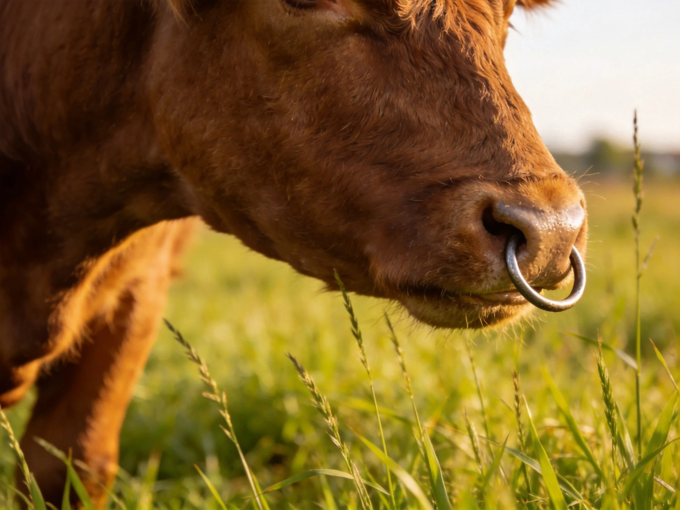 A brown cow with a metal nose ring in a sunlit green pasture