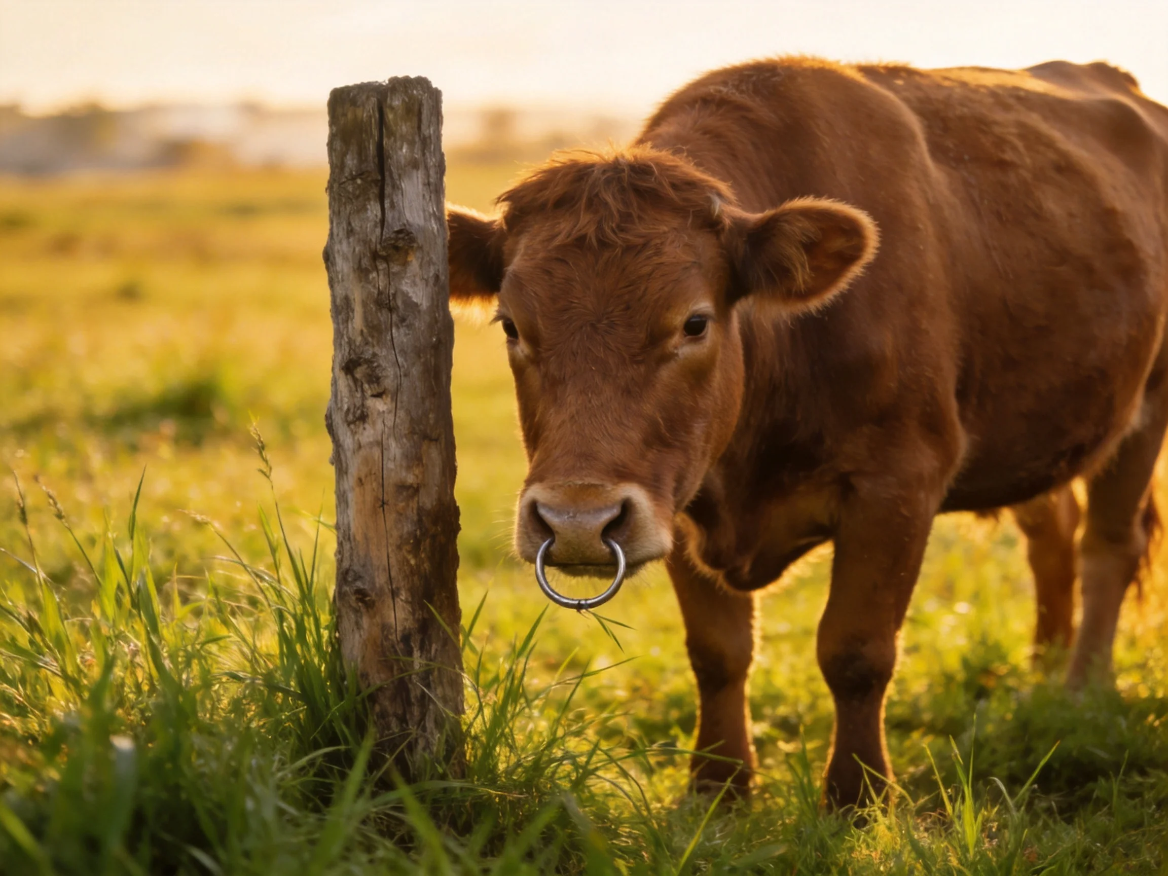 A brown cow with a nose ring near a weathered wooden post in a golden field
