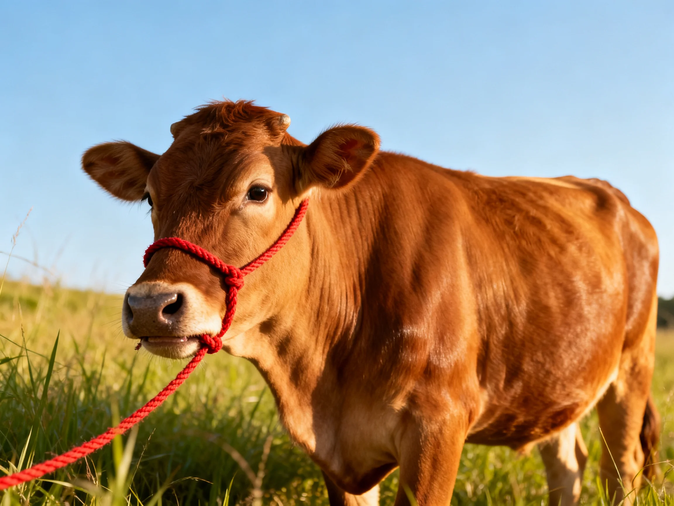 A brown cow with a red rope halter in a sunlit meadow