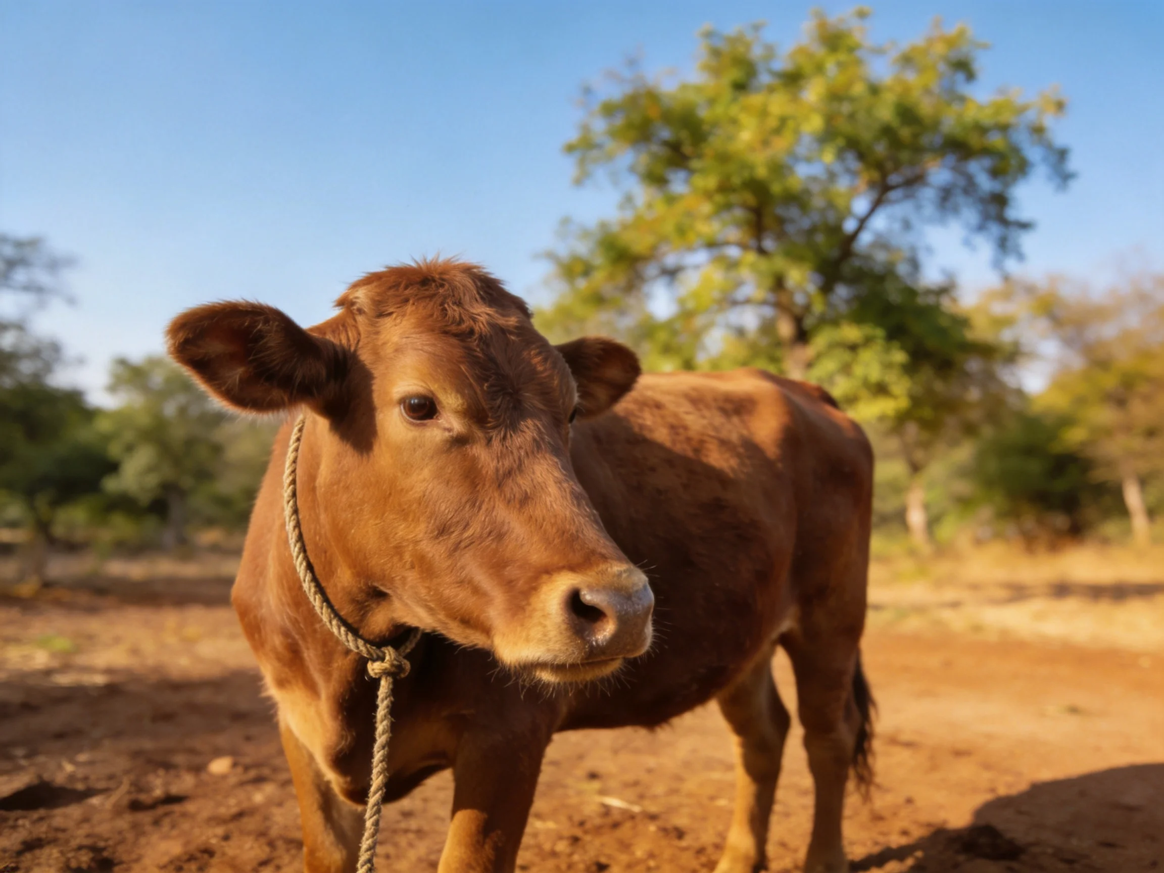 A brown cow with a rope halter stands on dusty ground near green trees