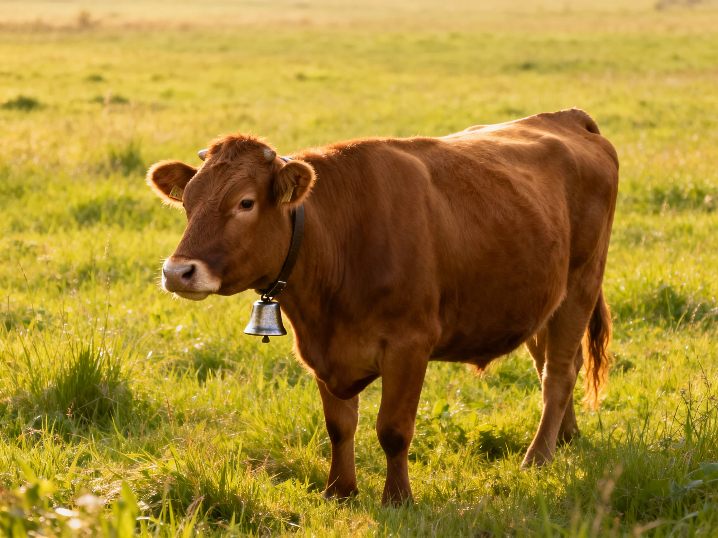 A brown cow with a silver bell in a sunlit green pasture