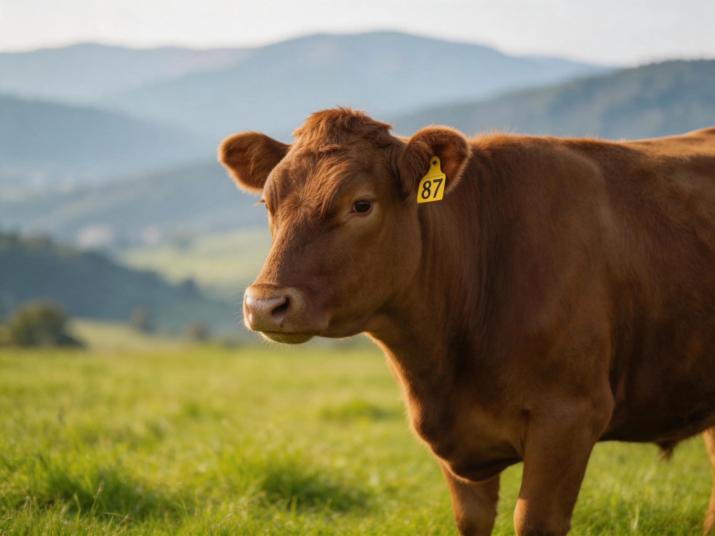 A brown cow with a yellow ear tag in a green meadow near blue mountains