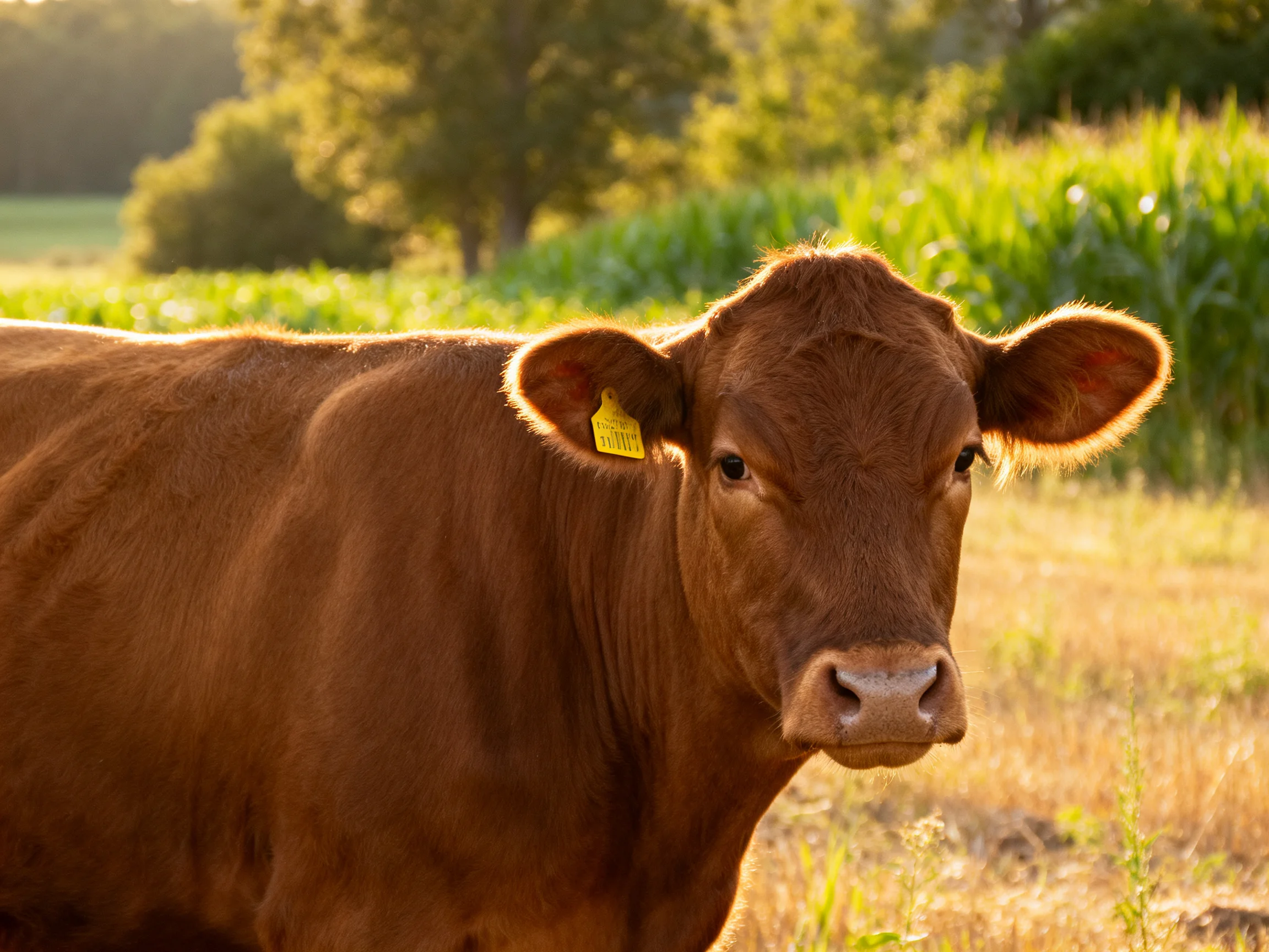 A brown cow with a yellow ear tag in a sunlit rural field