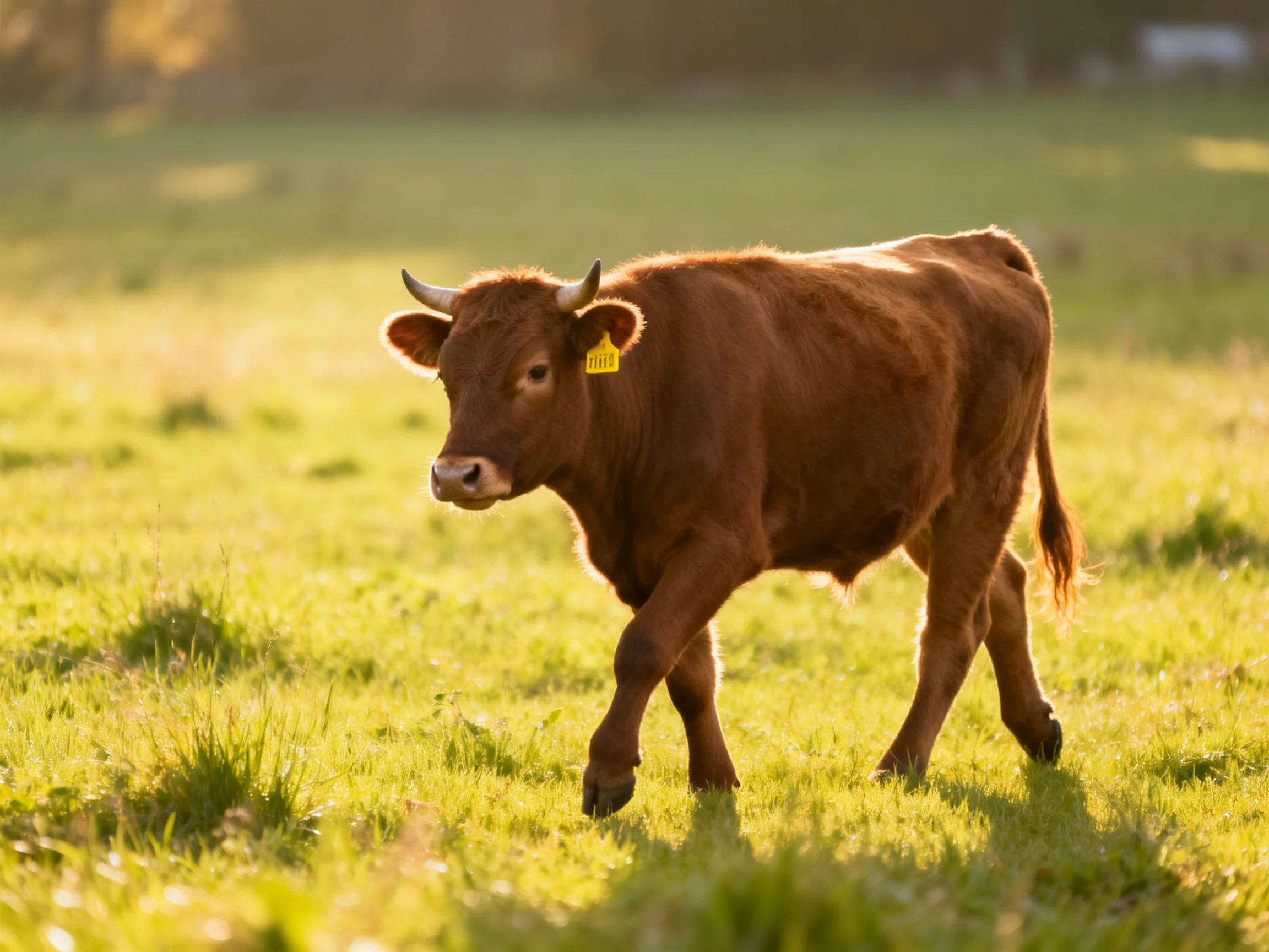 A brown cow with a yellow ear tag walks through a sunlit green pasture