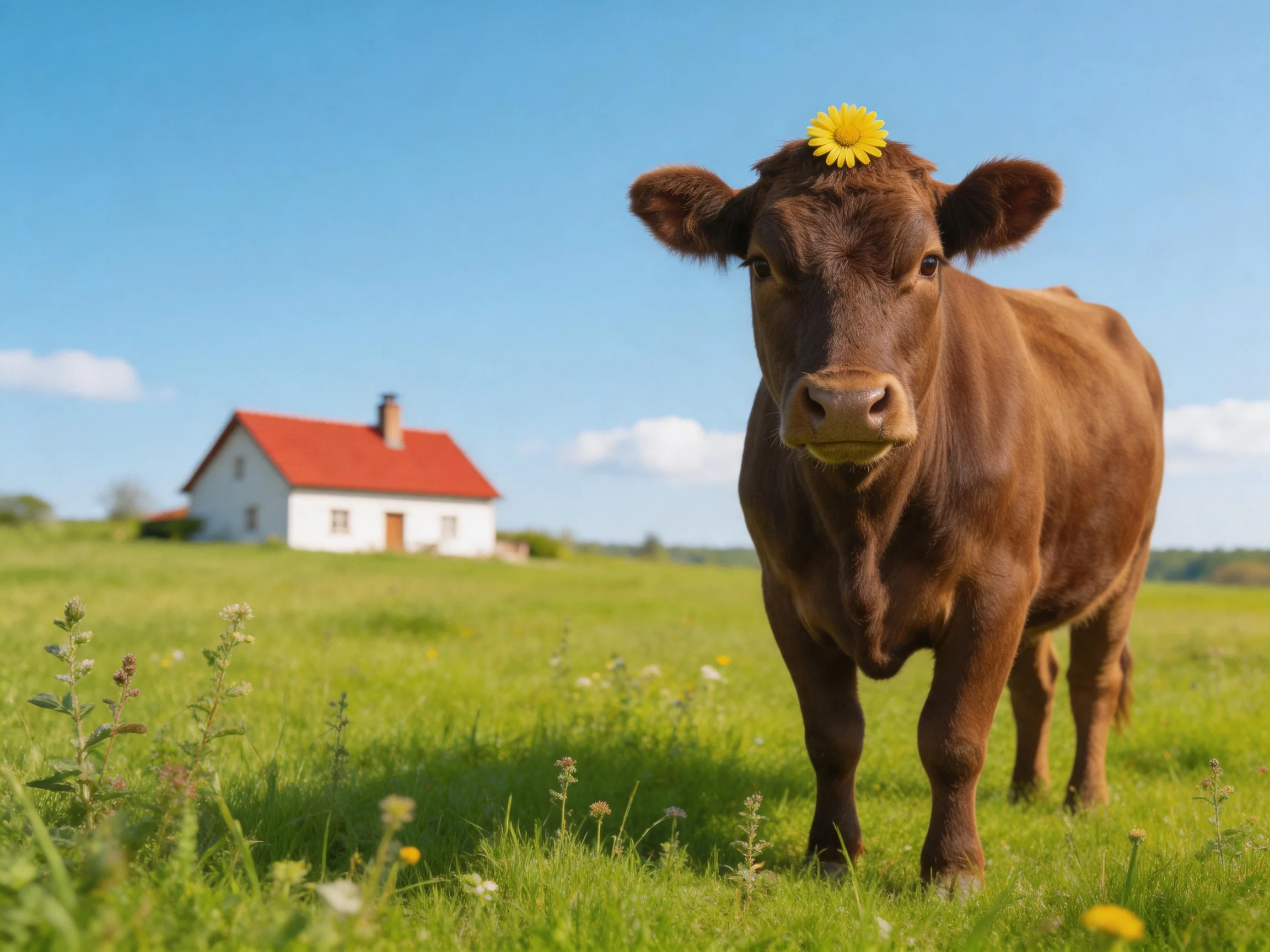 A brown cow with a yellow flower stands in a green meadow near a white house with a red roof
