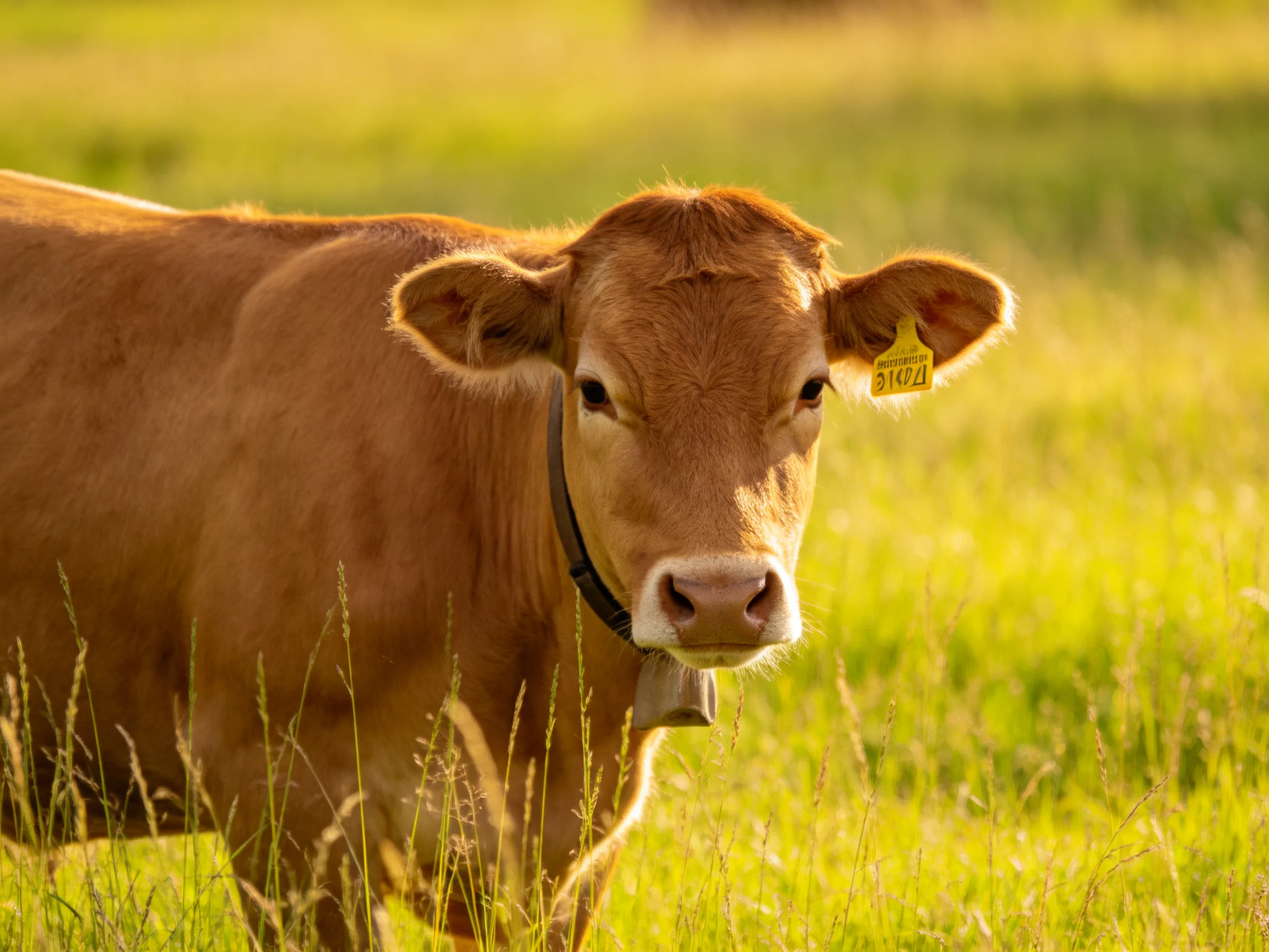 A brown cow with an ear tag stands in a sunlit green pasture