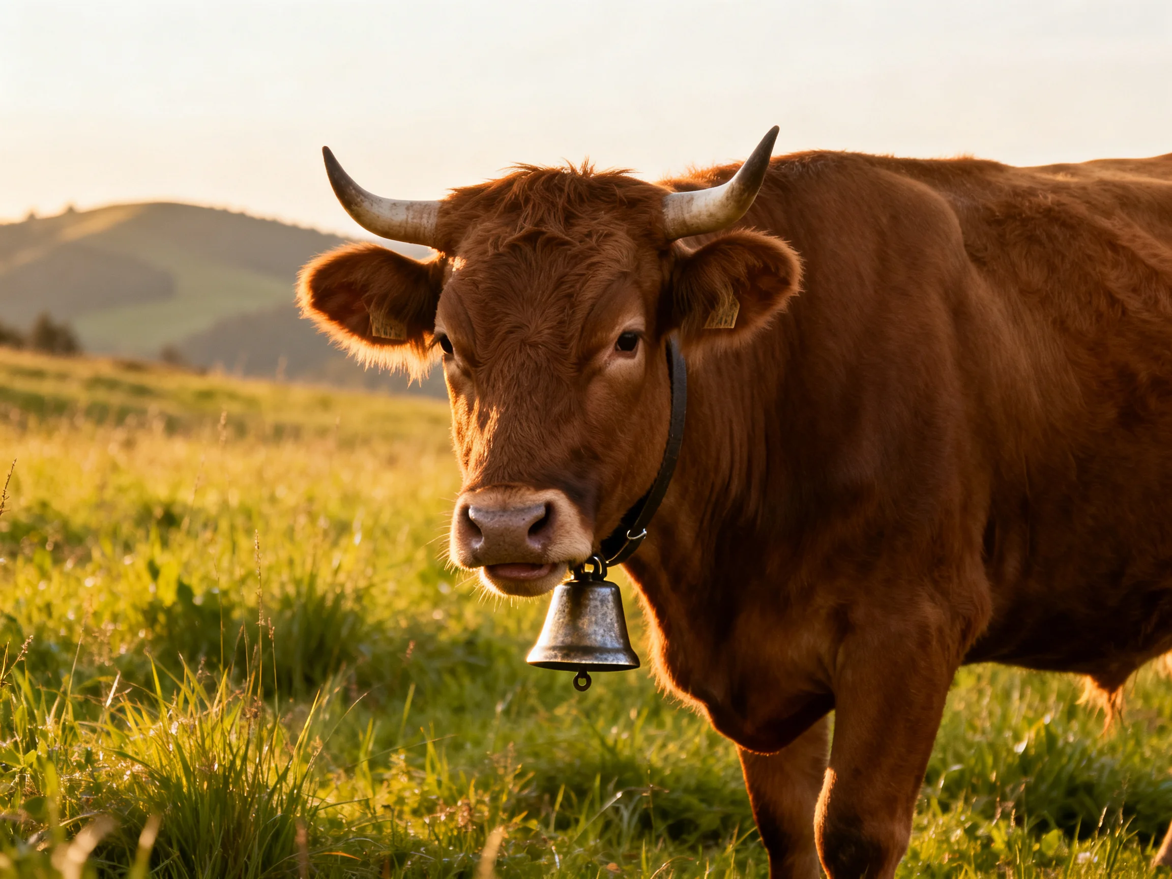 A brown cow with curved horns wears a bell in a sunlit meadow